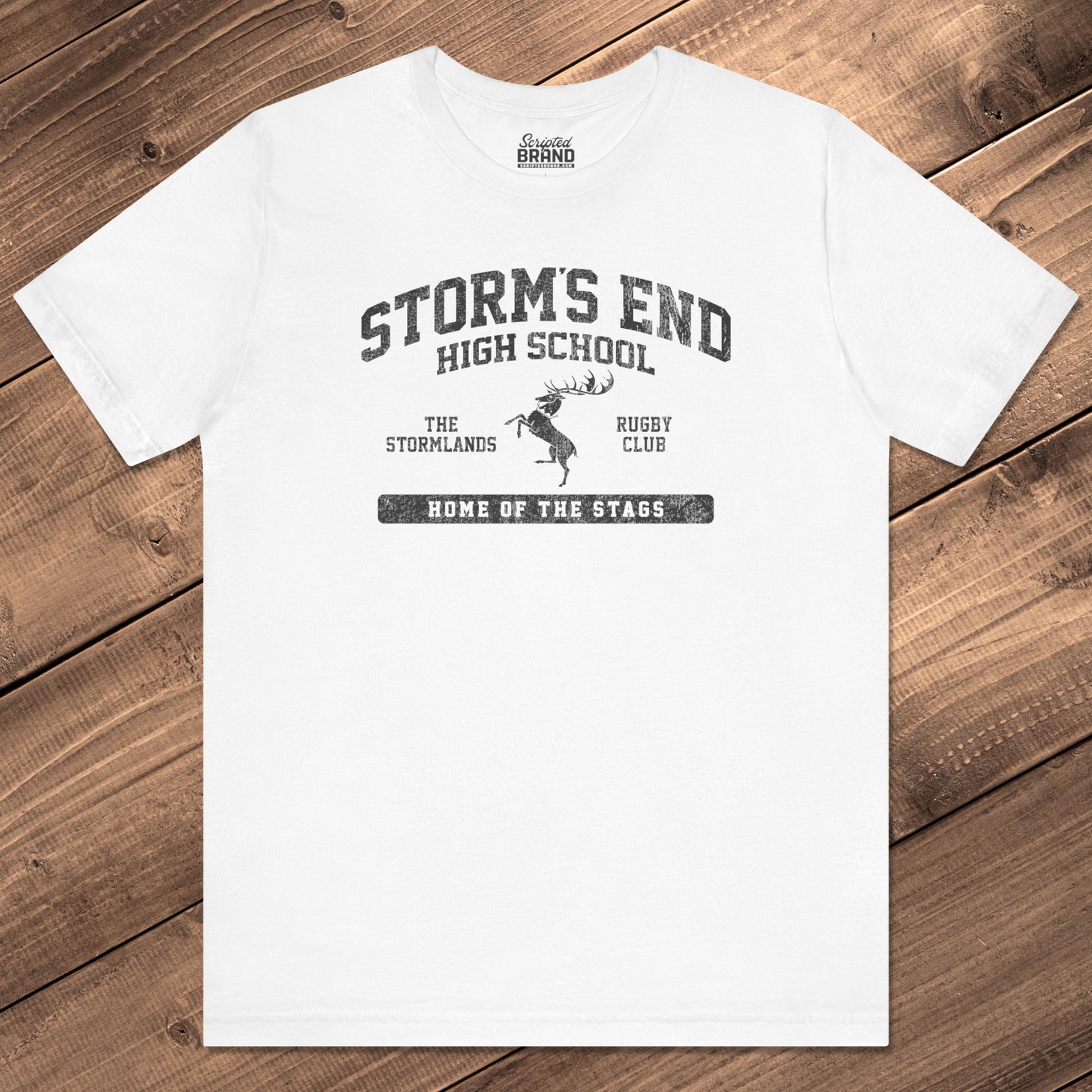 Front view of white Storm's End High School t-shirt with vintage deer graphic inspired by Game of Thrones and House Baratheon.
