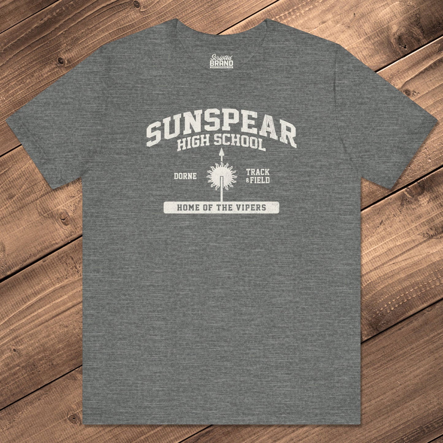 Front view of deep heather Sunspear High School t-shirt with distressed dorne sun graphic inspired by Game of Thrones.