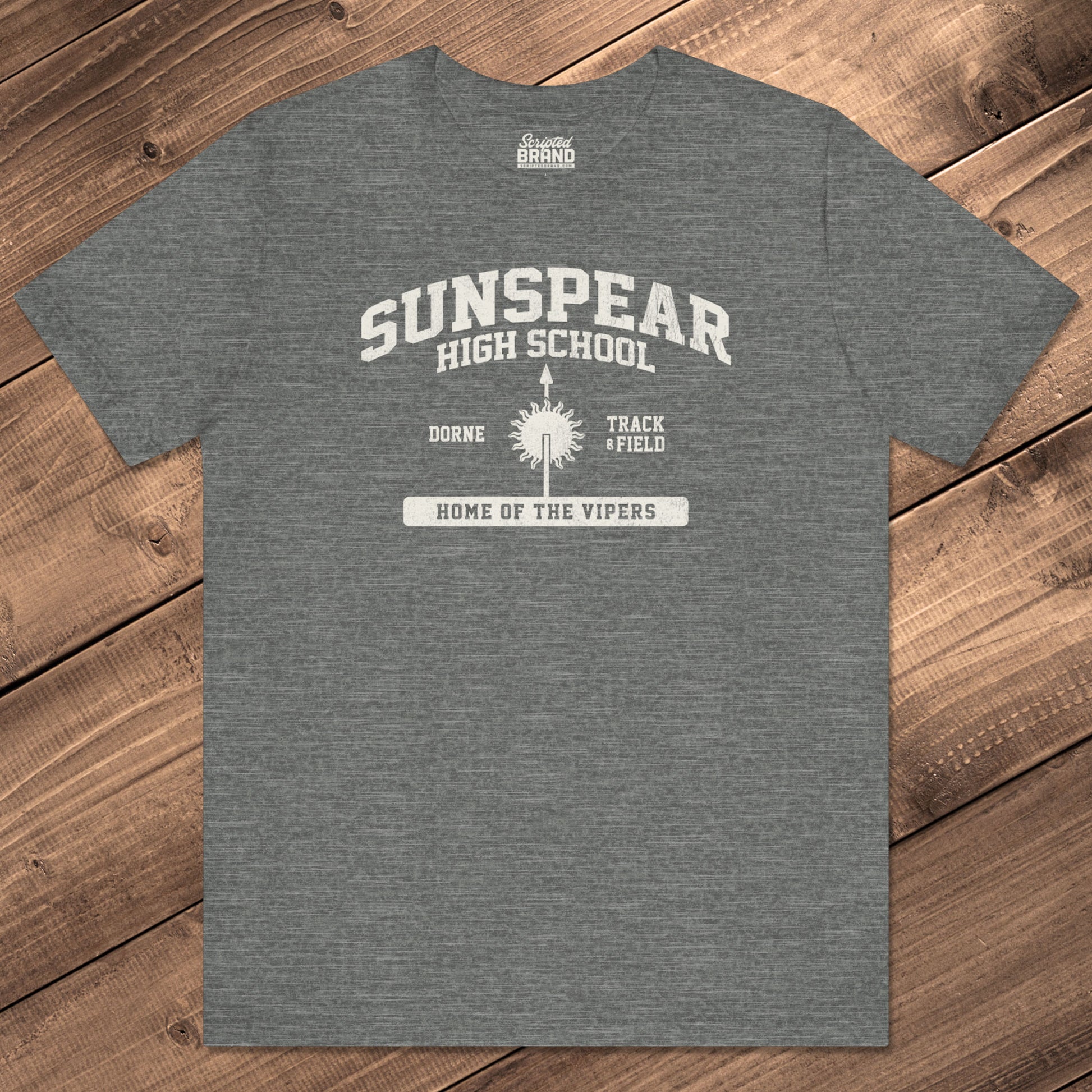 Front view of deep heather Sunspear High School t-shirt with distressed dorne sun graphic inspired by Game of Thrones.