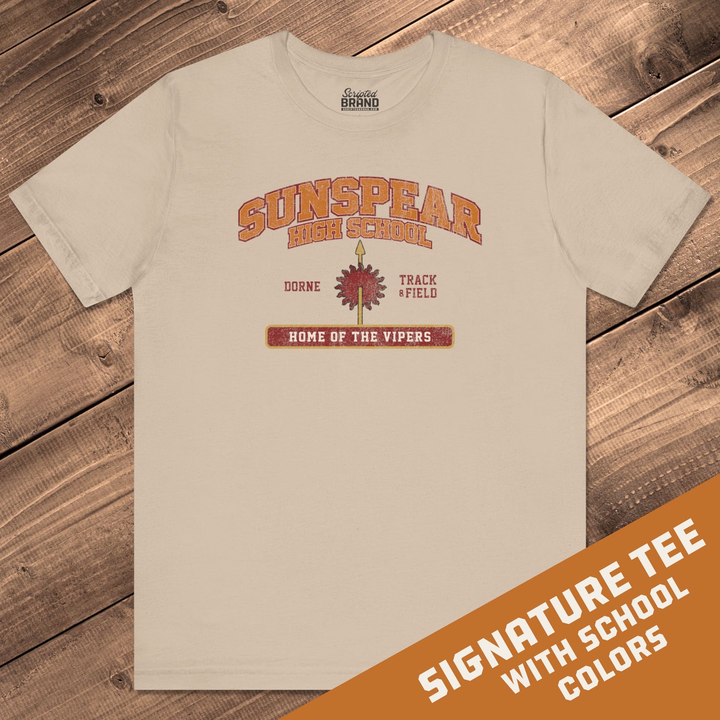 Front view of tan Sunspear High School t-shirt with distressed dorne sun graphic inspired by Game of Thrones.