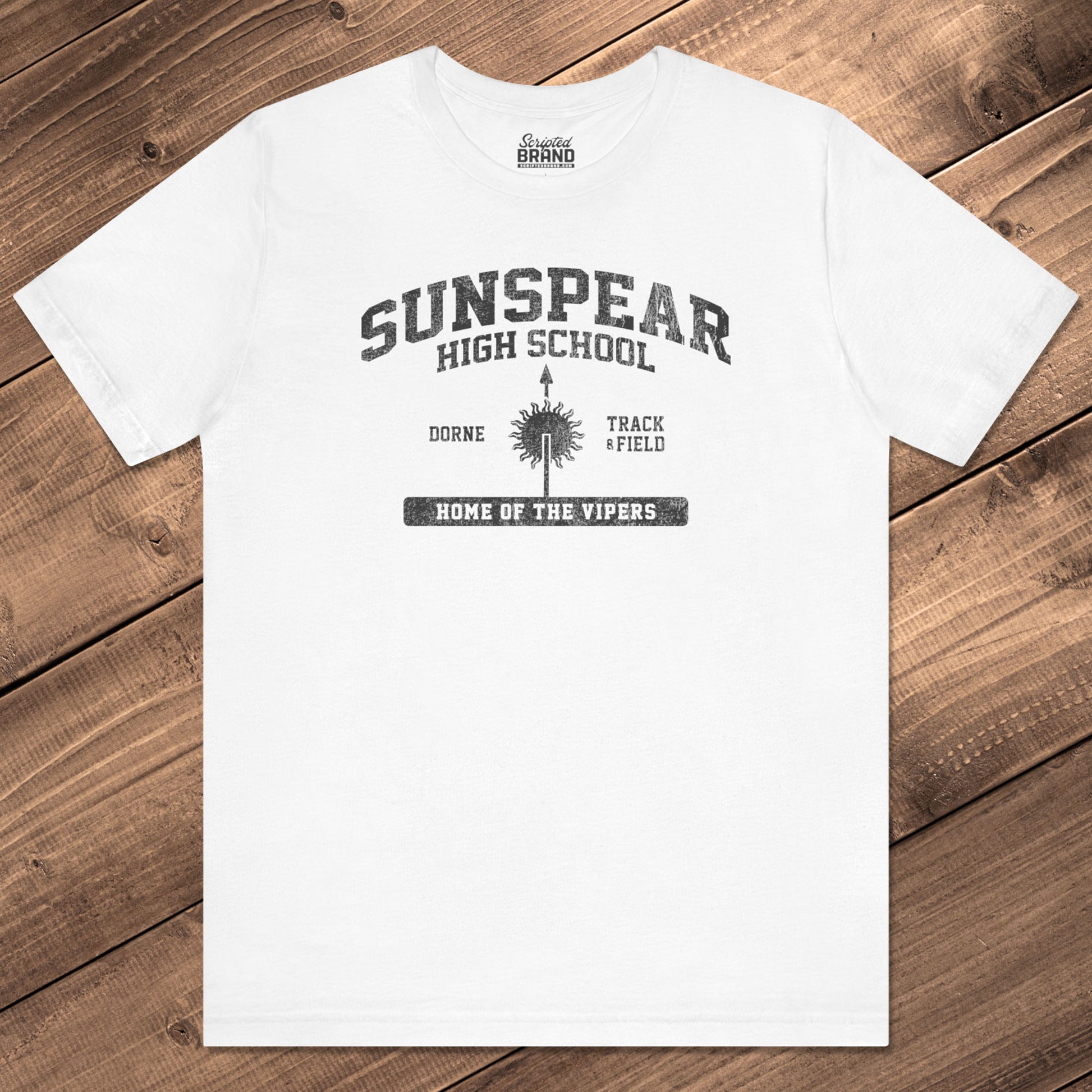 Front view of white Sunspear High School t-shirt with distressed dorne sun graphic inspired by Game of Thrones.