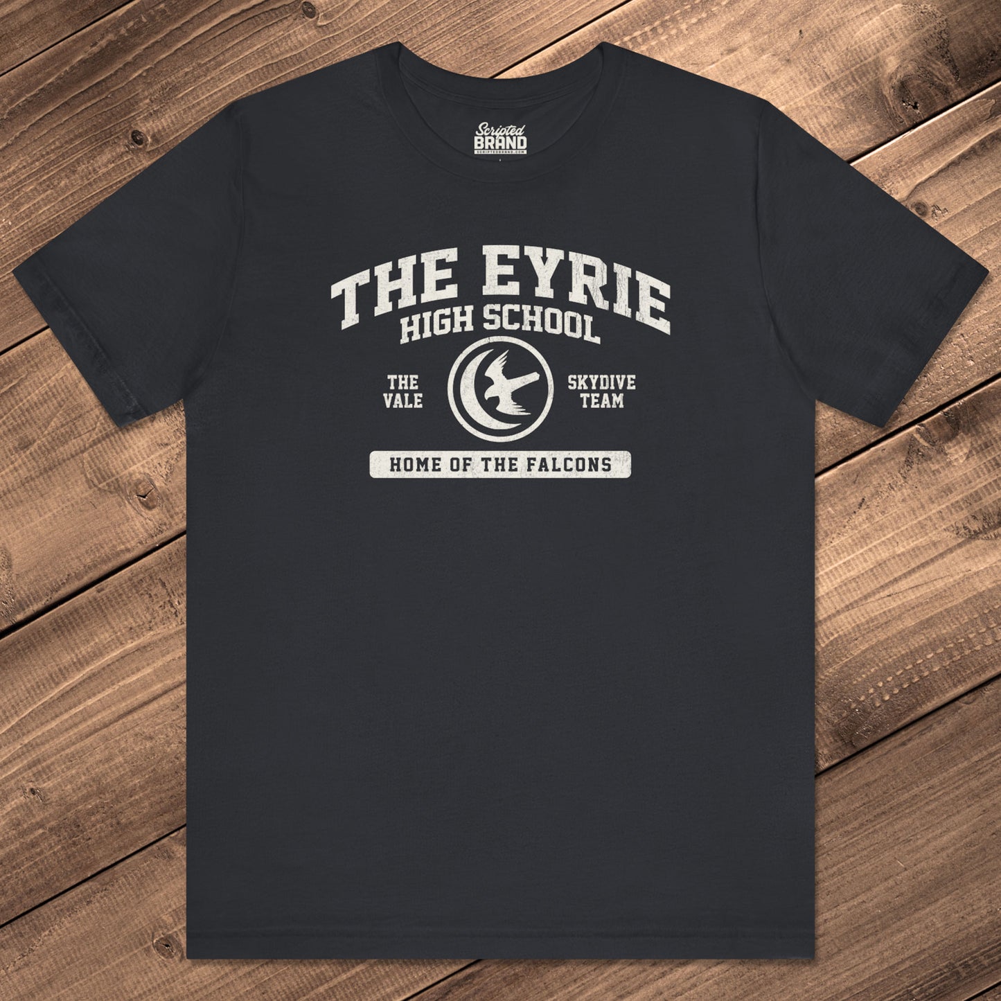 Front view of black The Eyrie High School t-shirt with vintage falcon moon door graphic inspired by Game of Thrones and the Vale.