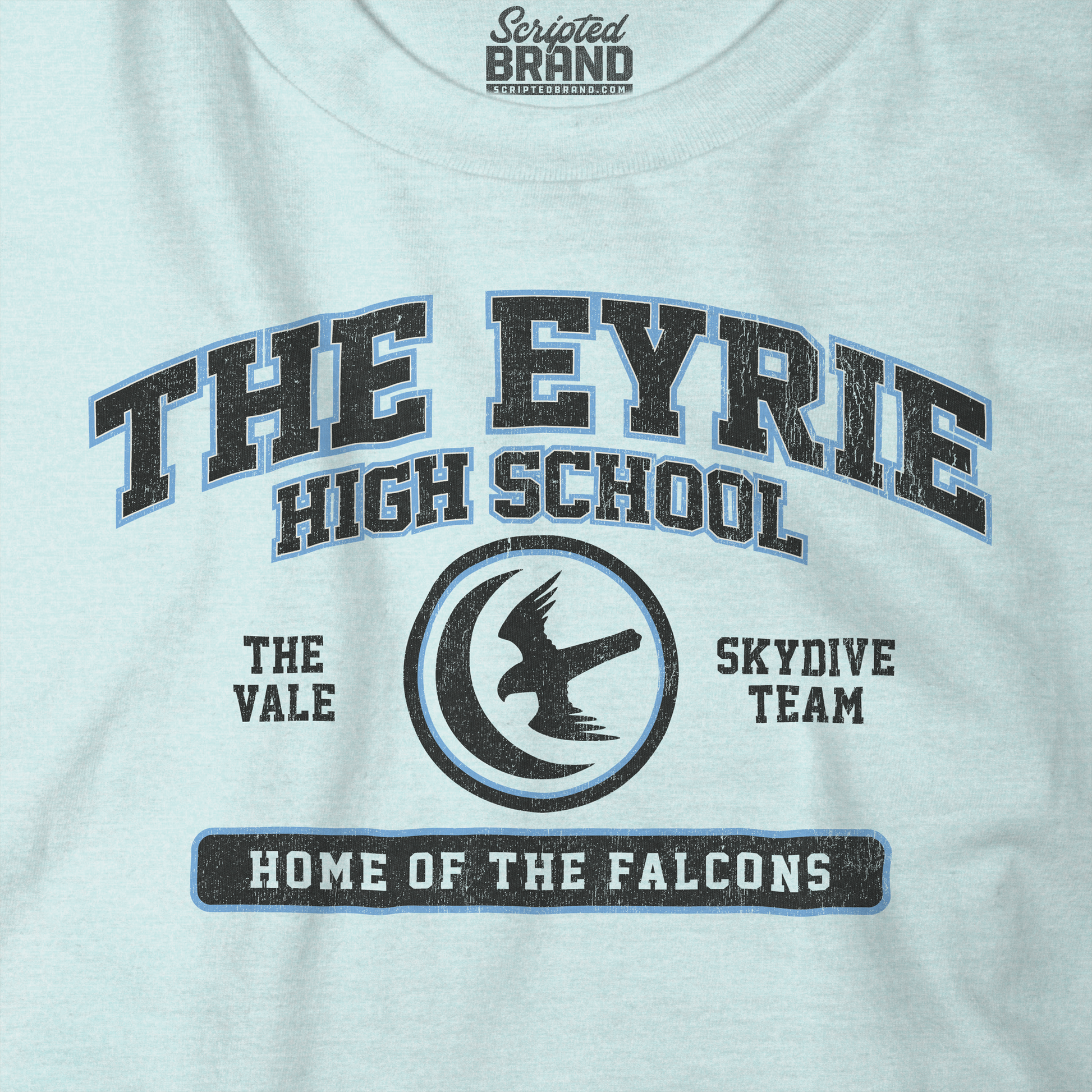 Closeup view of heather prism ice blue The Eyrie High School t-shirt with vintage falcon moon door graphic inspired by Game of Thrones and the Vale.