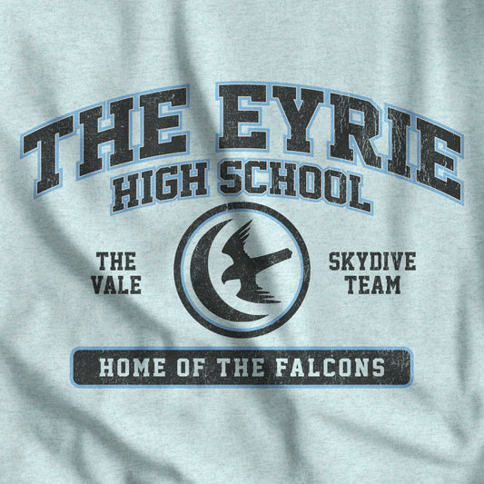 Closeup of heather prism ice blue 'The Eyrie High School' t-shirt with vintage falcon moon door graphic inspired by Game of Thrones and the Vale