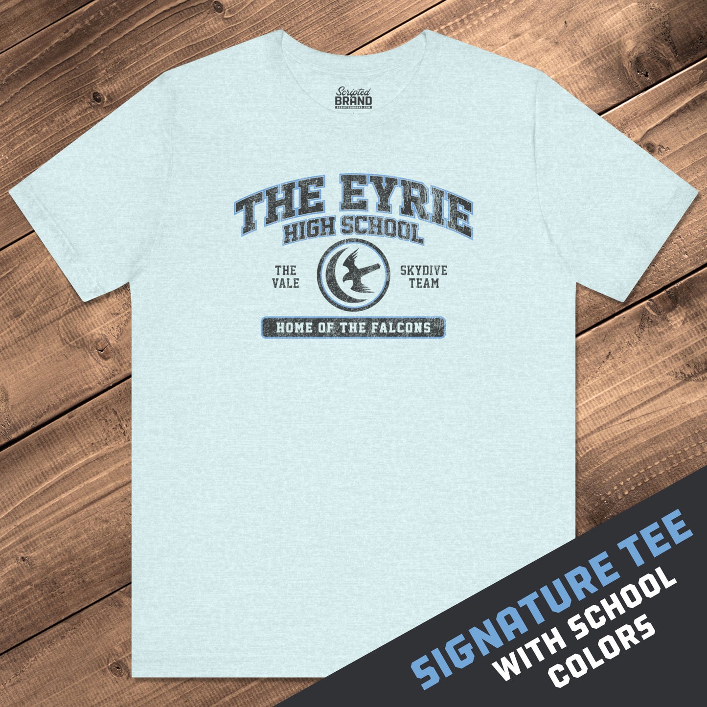 Front view of heather prism ice blue The Eyrie High School t-shirt with vintage falcon moon door graphic inspired by Game of Thrones and the Vale.