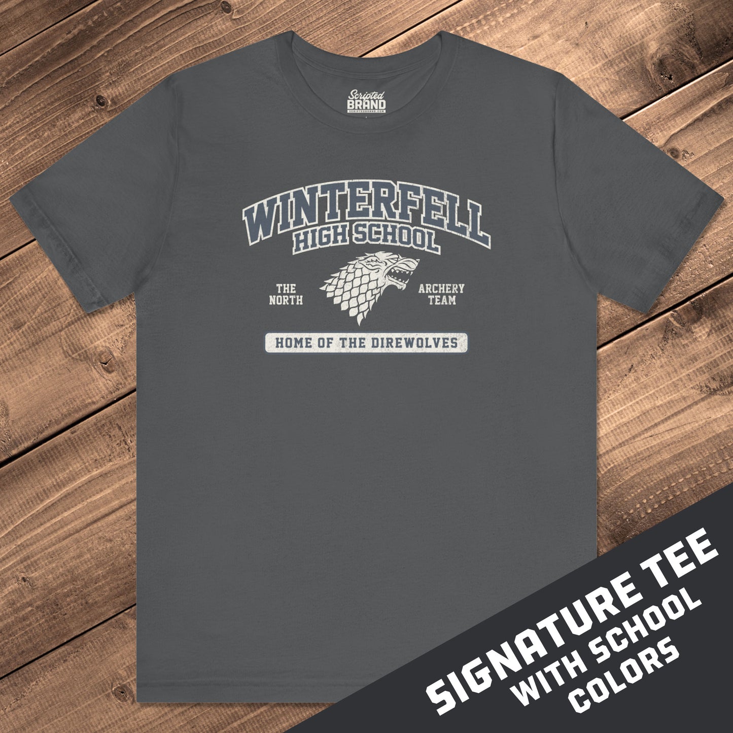 Front view of Asphalt Gray Winterfell High School t-shirt with vintage direwolf graphic inspired by Game of Thrones.
