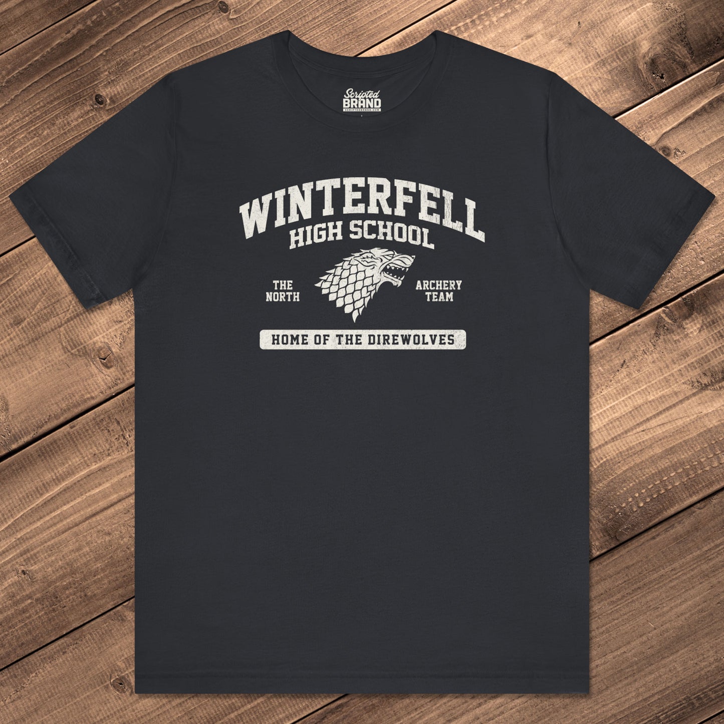 Front view of Black Winterfell High School t-shirt with vintage direwolf graphic inspired by Game of Thrones.