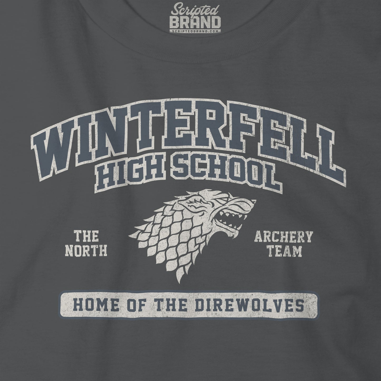 Closeup view of Asphalt Gray Winterfell High School t-shirt with vintage direwolf graphic inspired by Game of Thrones.