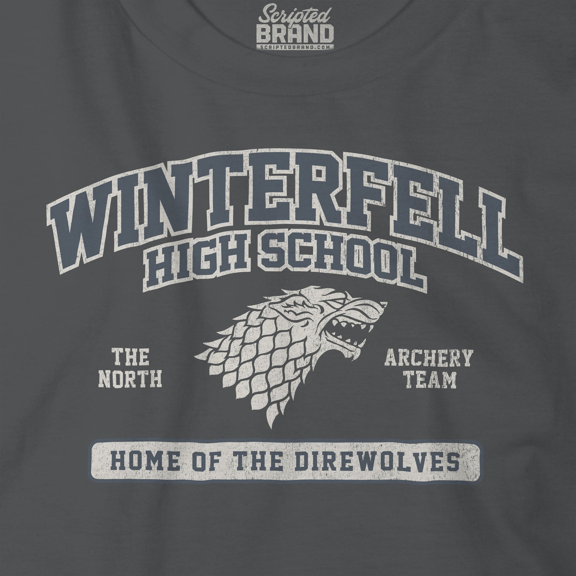 Closeup view of Asphalt Gray Winterfell High School t-shirt with vintage direwolf graphic inspired by Game of Thrones.