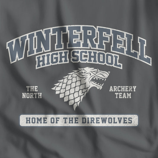 Closeup of Asphalt Dark Gray Winterfell High School t-shirt with vintage direwolf graphic inspired by Game of Thrones