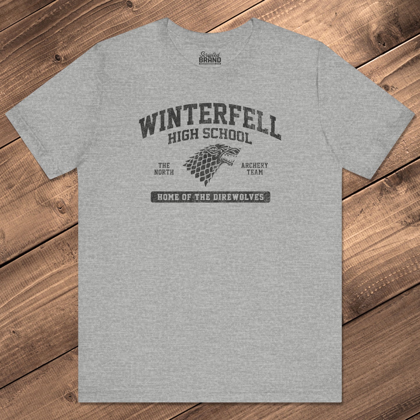 Front view of Heather Gray Winterfell High School t-shirt with vintage direwolf graphic inspired by Game of Thrones.