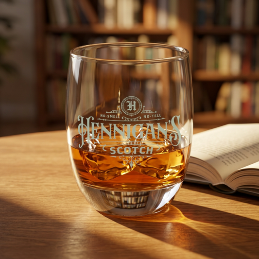 6 ounce Whiskey Glass featuring a Hennigans Scotch Whisky logo graphic inspired by the TV show Seinfeld, shown on a table.
