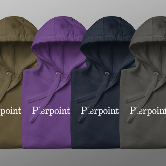 Four folded Pierpoint & Co. logo premium pullover hoodies inspired by HBO Industry TV series, unisex cotton blend sweatshirt.