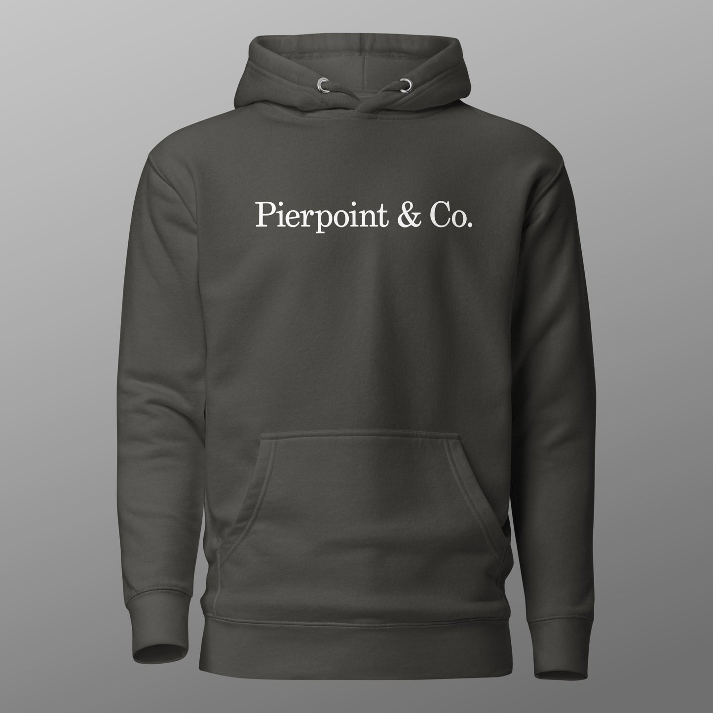 Gray Pierpoint & Co. logo premium pullover hoodie inspired by HBO Industry TV series, unisex cotton blend sweatshirt