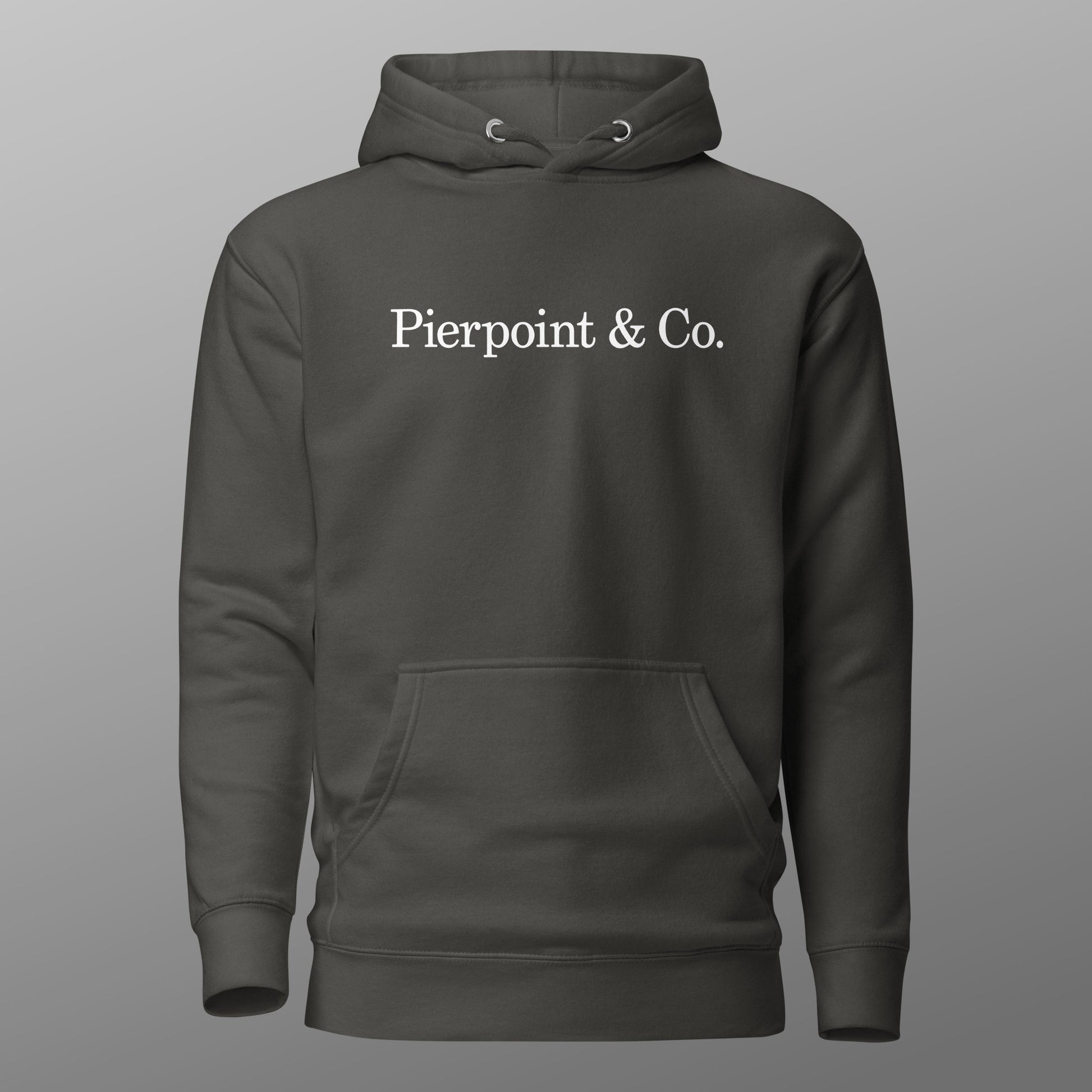 Gray Pierpoint & Co. logo premium pullover hoodie inspired by HBO Industry TV series, unisex cotton blend sweatshirt