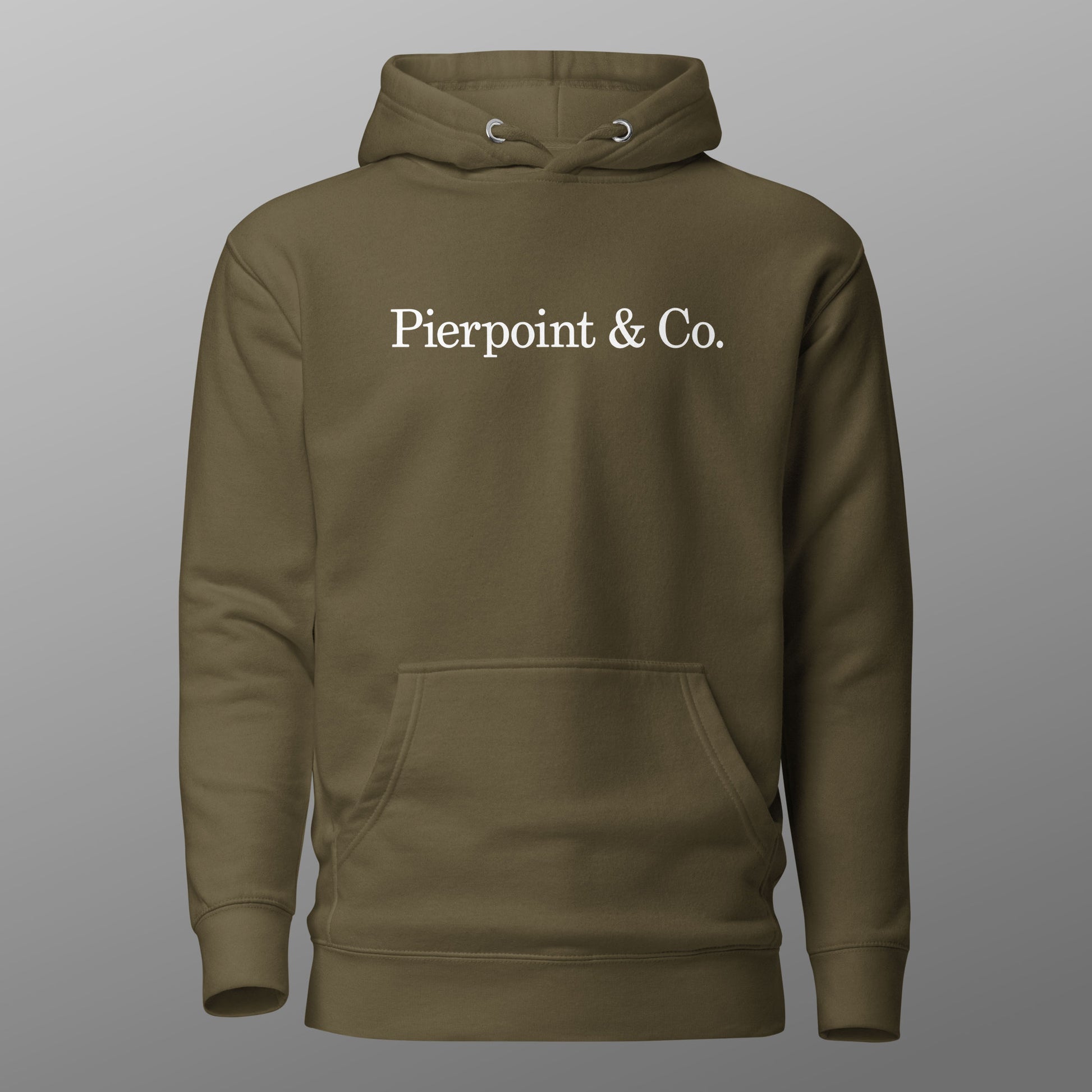 Military green Pierpoint & Co. logo premium pullover hoodie inspired by HBO Industry TV series, unisex cotton blend sweatshirt