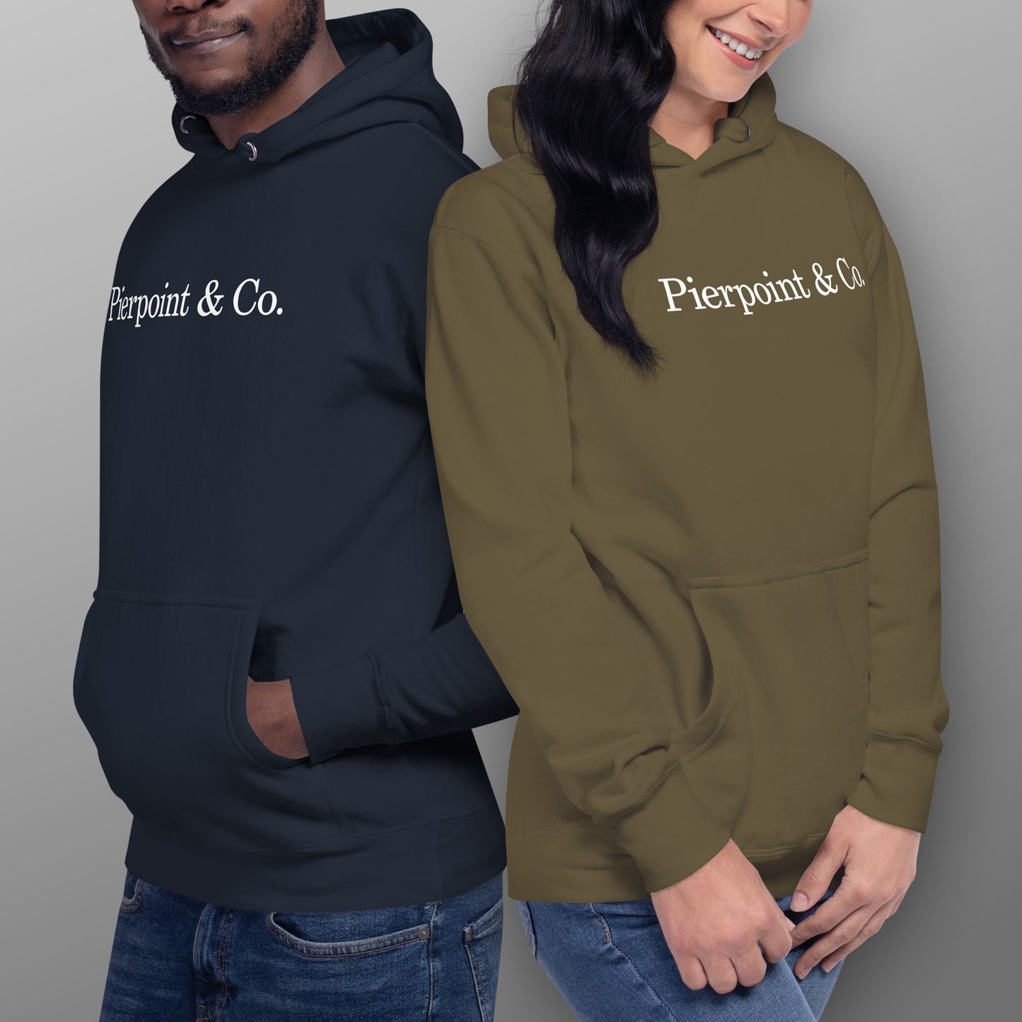 Two people wearing Pierpoint & Co. logo premium pullover hoodies inspired by HBO Industry TV series, unisex cotton sweatshirt