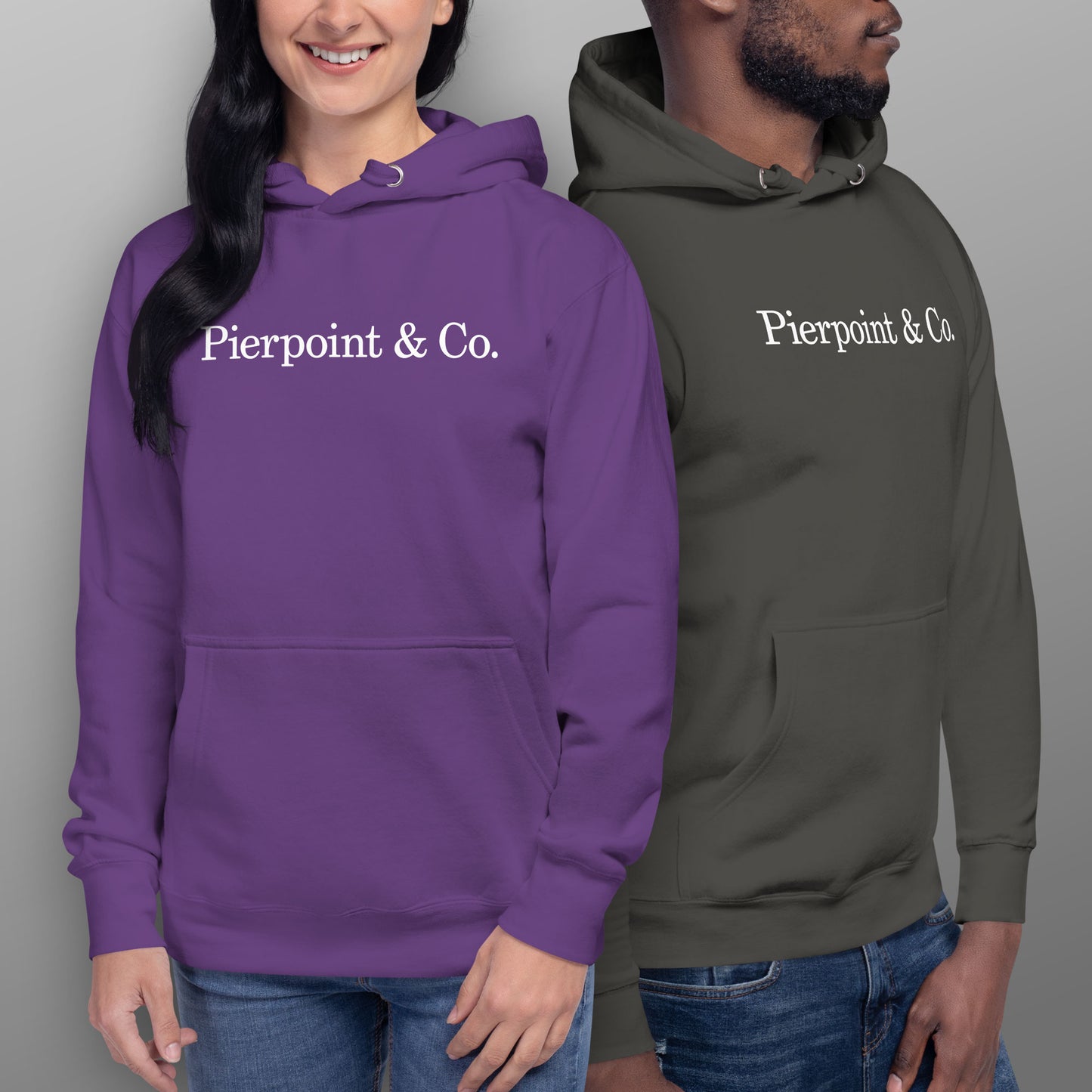 Two people wearing Pierpoint & Co. logo premium pullover hoodies inspired by HBO Industry TV series, unisex cotton blend sweatshirt.