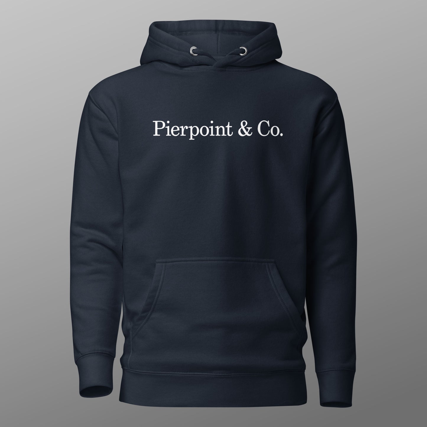 Navy blue Pierpoint & Co. logo premium pullover hoodie inspired by HBO Industry TV series, unisex cotton blend sweatshirt