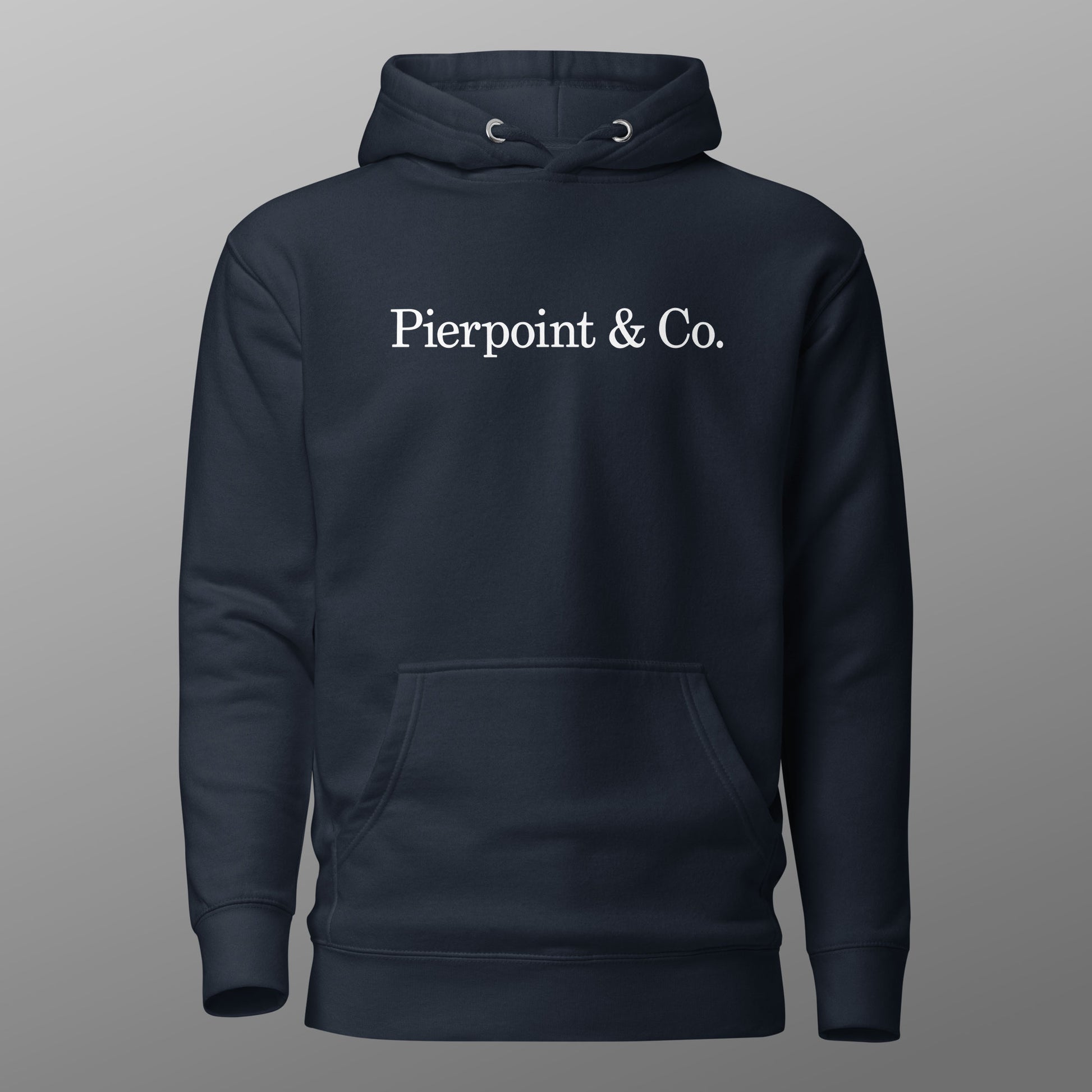 Navy blue Pierpoint & Co. logo premium pullover hoodie inspired by HBO Industry TV series, unisex cotton blend sweatshirt