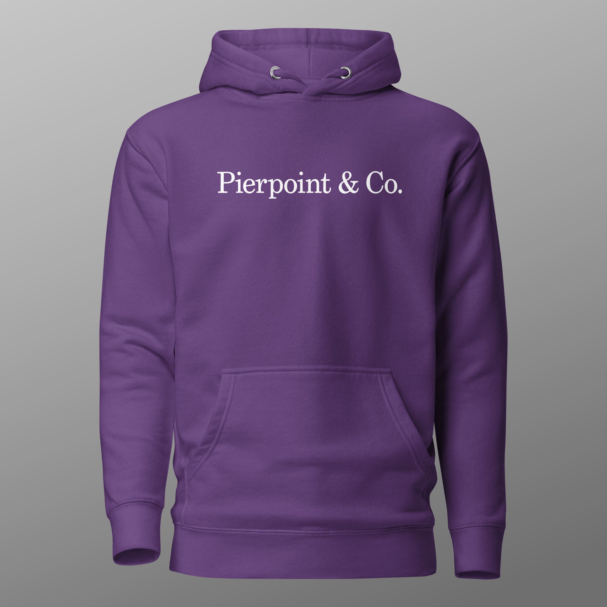 Purple Pierpoint & Co. logo premium pullover hoodie inspired by HBO Industry TV series, unisex cotton blend sweatshirt