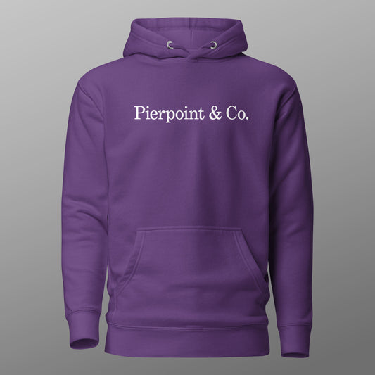 Purple Pierpoint & Co. logo premium pullover hoodie inspired by HBO Industry TV series, unisex cotton blend sweatshirt