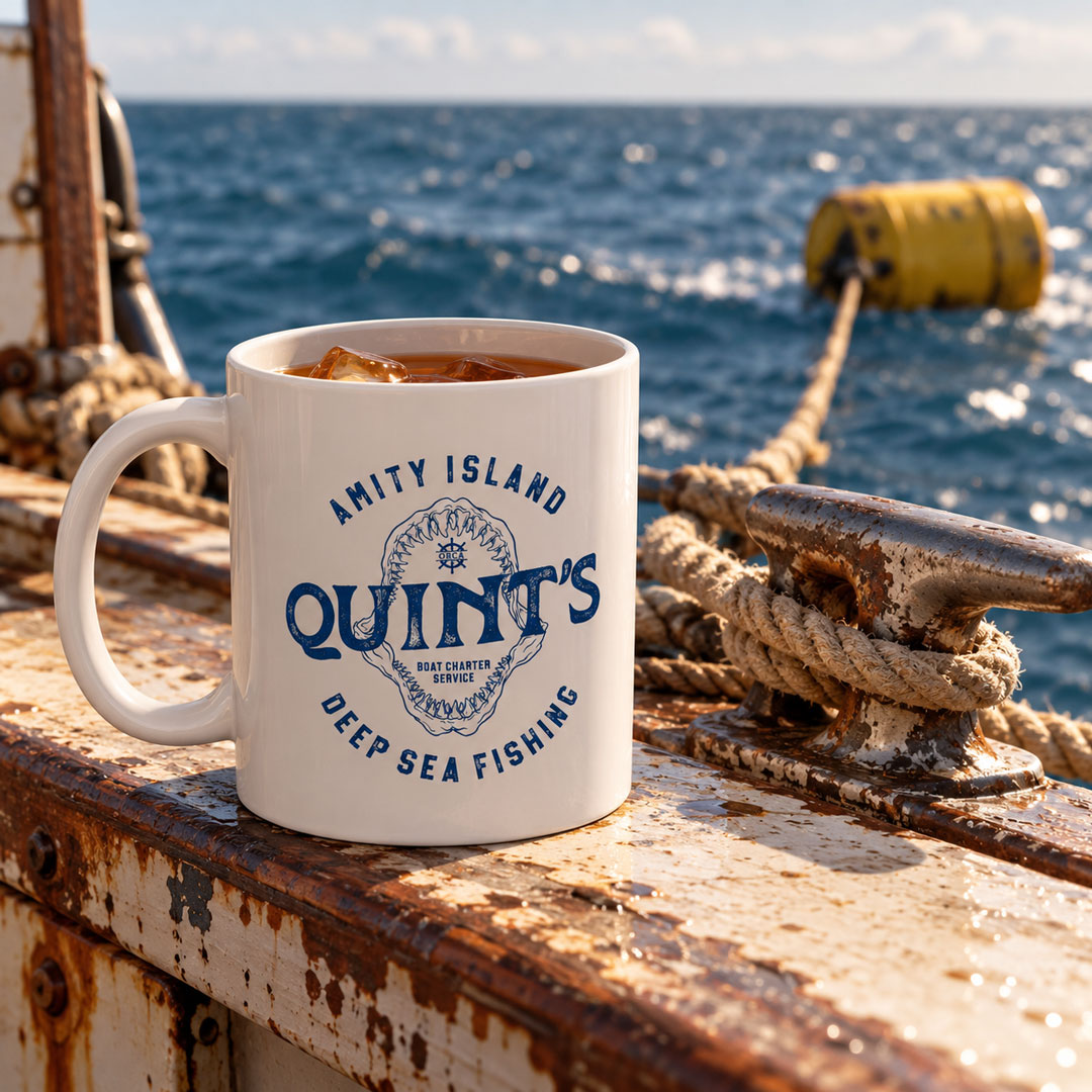 A white ceramic mug with a blue 'Quint's Amity Island Deep Sea Fishing' logo sits on a rusty boat railing with the ocean and a yellow buoy in the background.