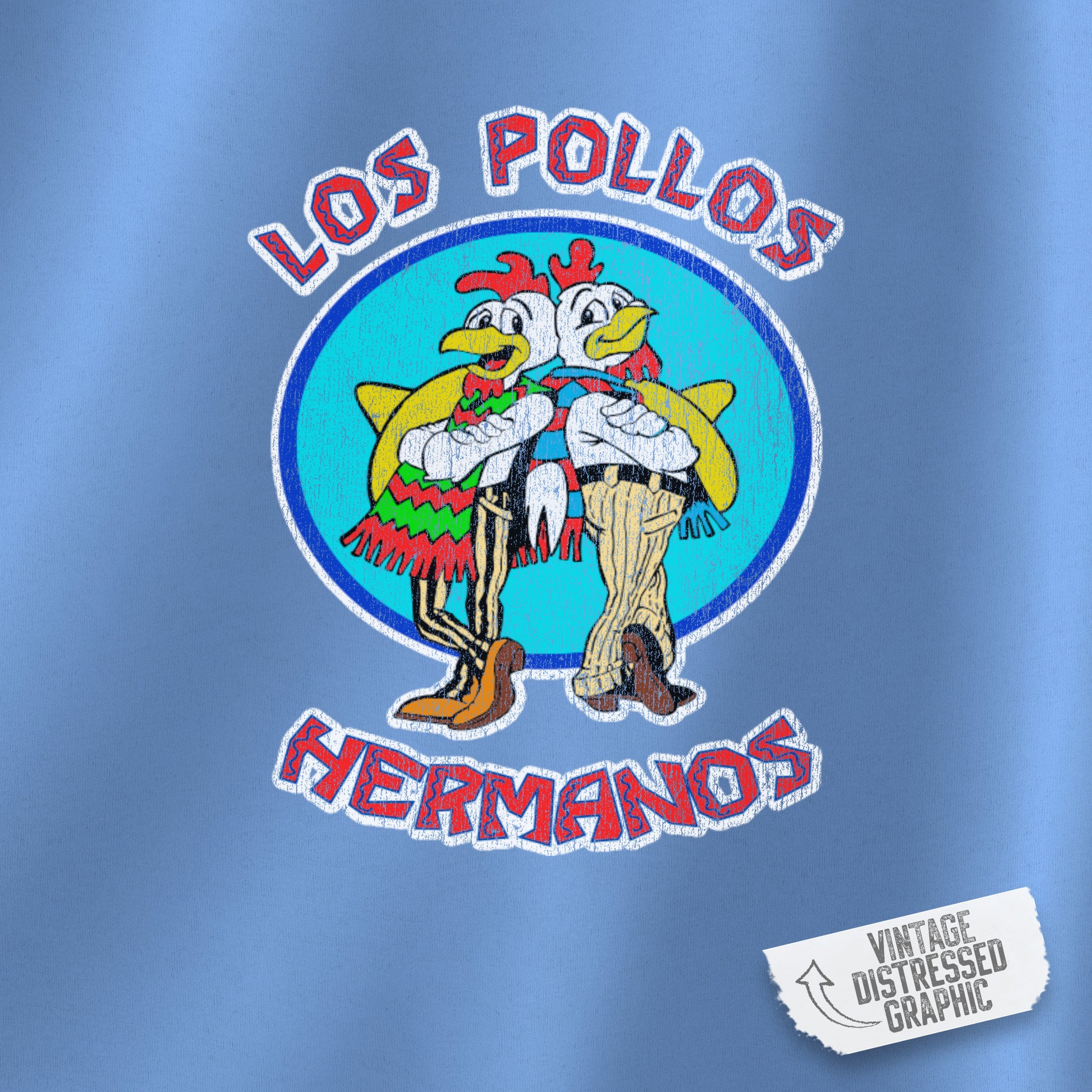Closeup of carolina blue pullover hoodie with vintage distressed Los Pollos Hermanos logo from Breaking Bad on chest.