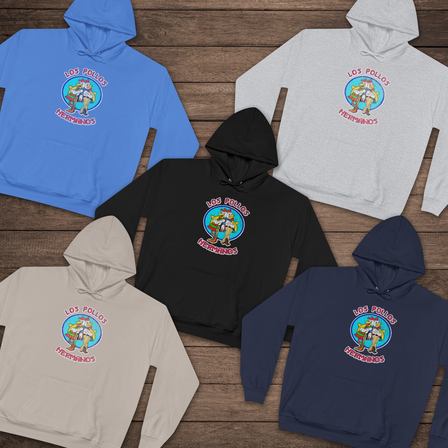 Five folded pullover hoodies with vintage distressed Los Pollos Hermanos logo from Breaking Bad on chest.