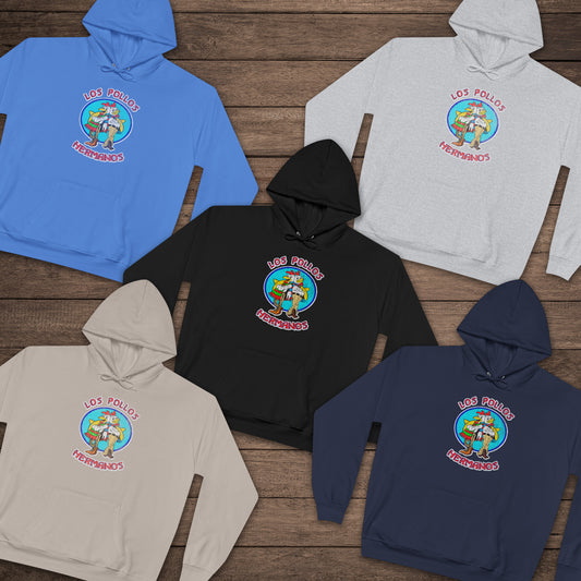 Five folded pullover hoodies with vintage distressed Los Pollos Hermanos logo from Breaking Bad on chest.