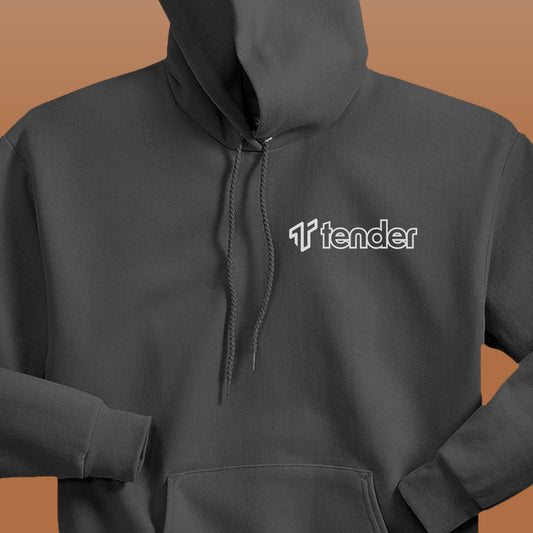 Closeup of smoke grey Tender logo hoodie sweatshirts inspired by HBO Industry.