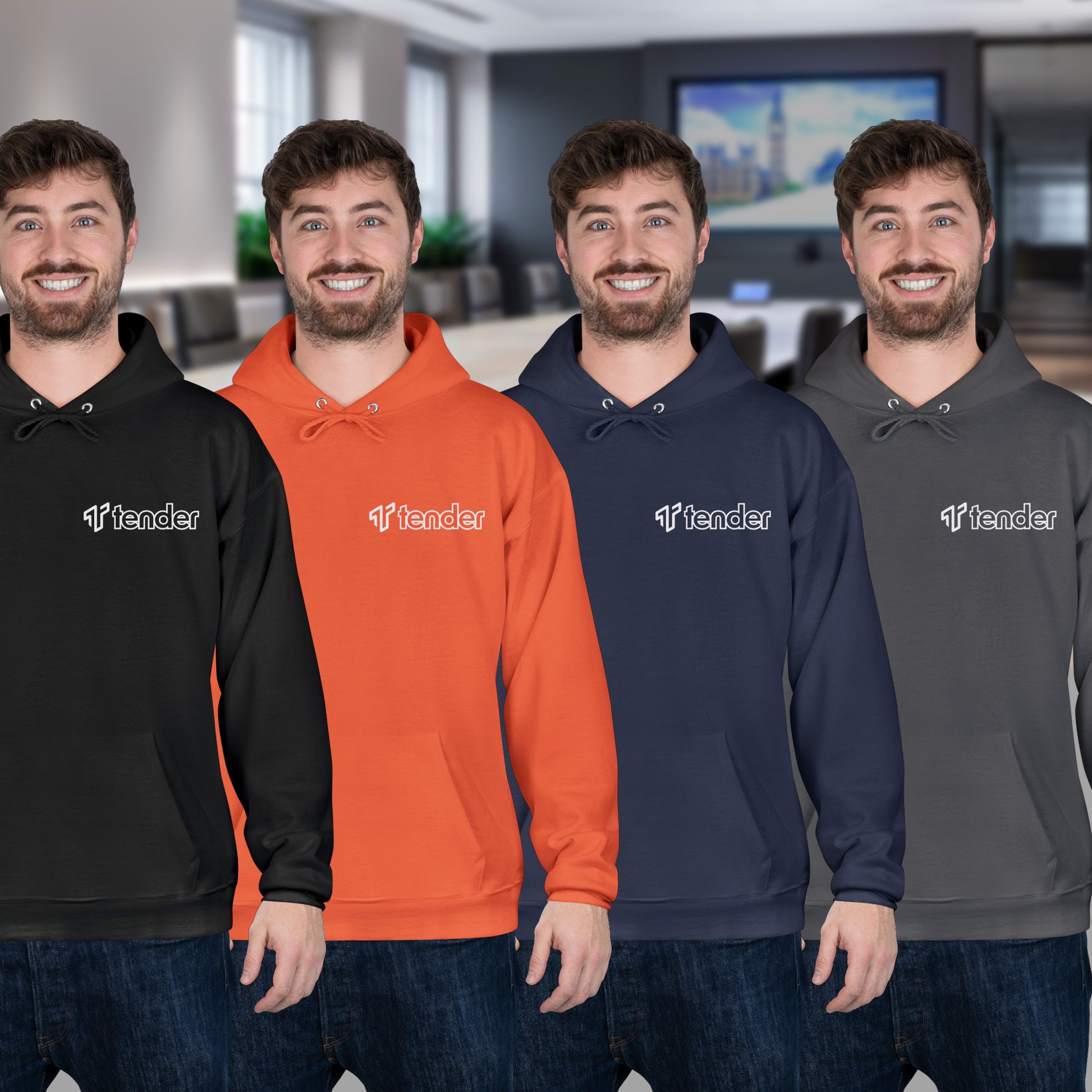 Four people wearing Tender logo hoodie sweatshirts inspired by HBO Industry.