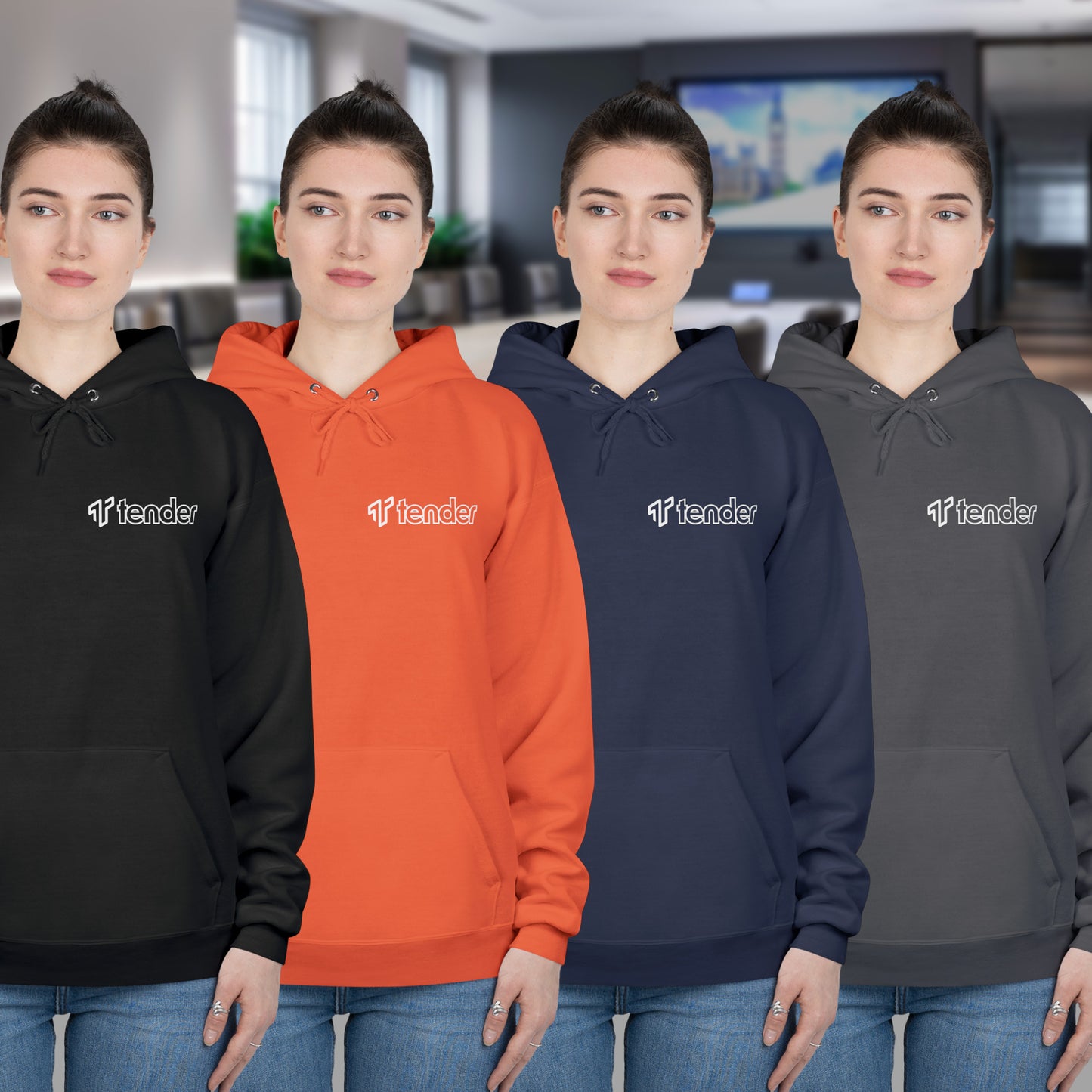 Four women wearing Tender logo hoodie sweatshirts inspired by HBO Industry.
