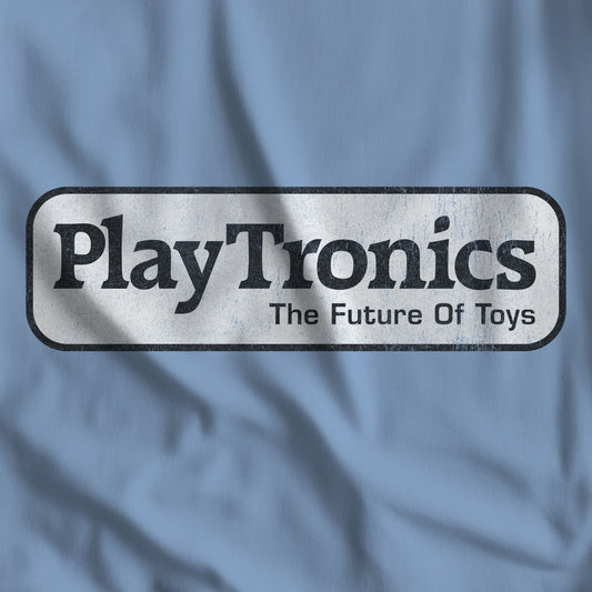 Closeup of Steel blue PlayTronics Sneakers movie logo t-shirt on Bella+Canvas 3001, vintage distressed print.