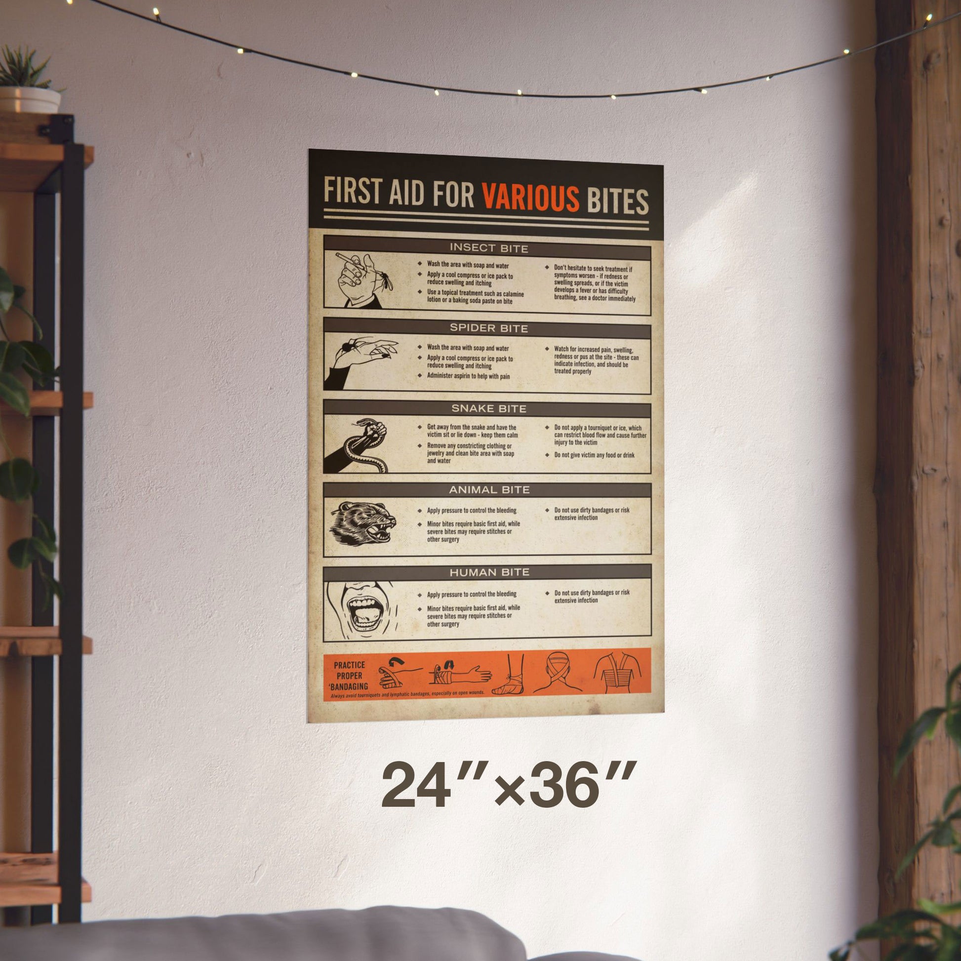24x36 Vintage First Aid for Various Bites poster from Widow's Bay with illustrated bite treatment chart
