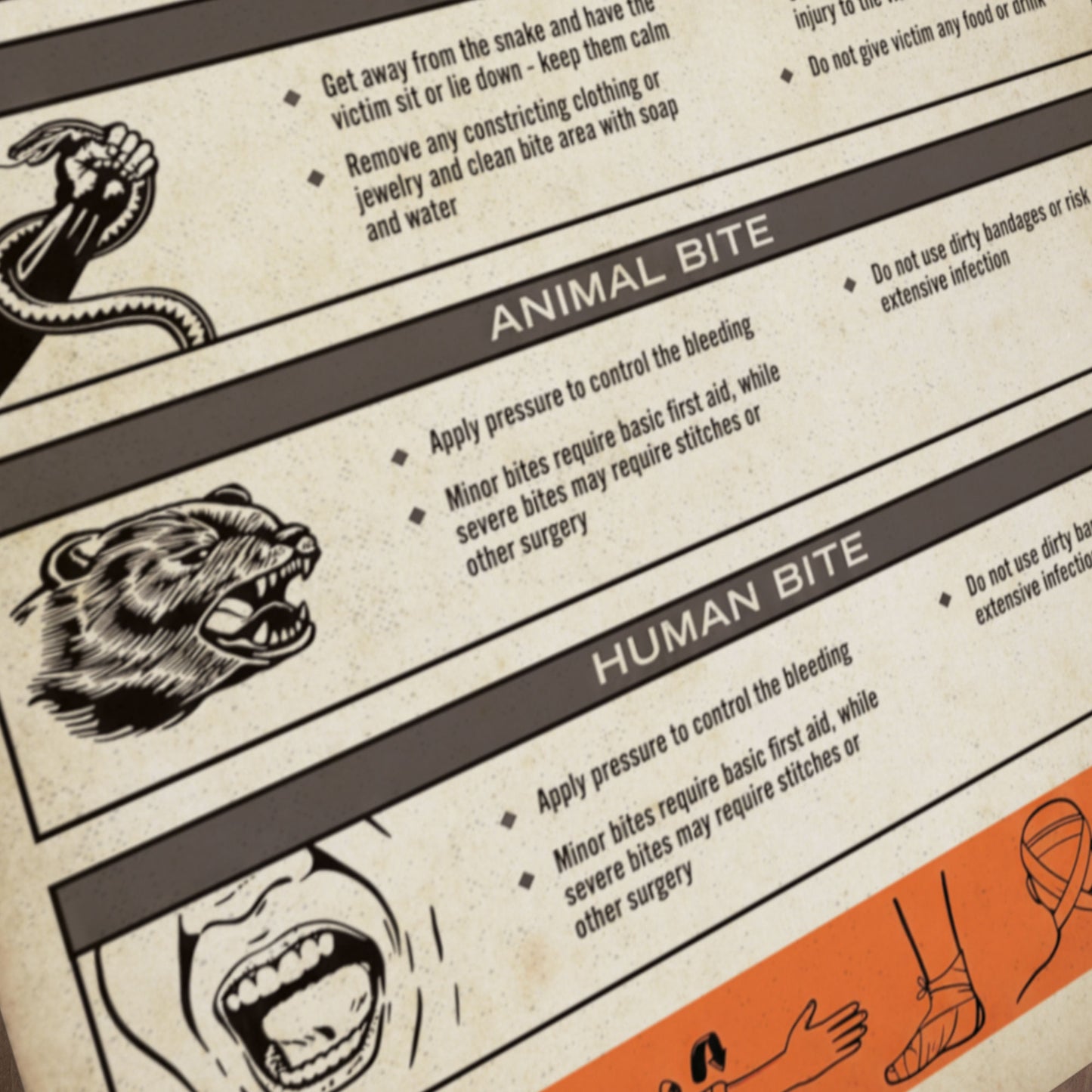 Angled view of bottom of Vintage First Aid for Various Bites poster from Widow's Bay with illustrated bite treatment chart