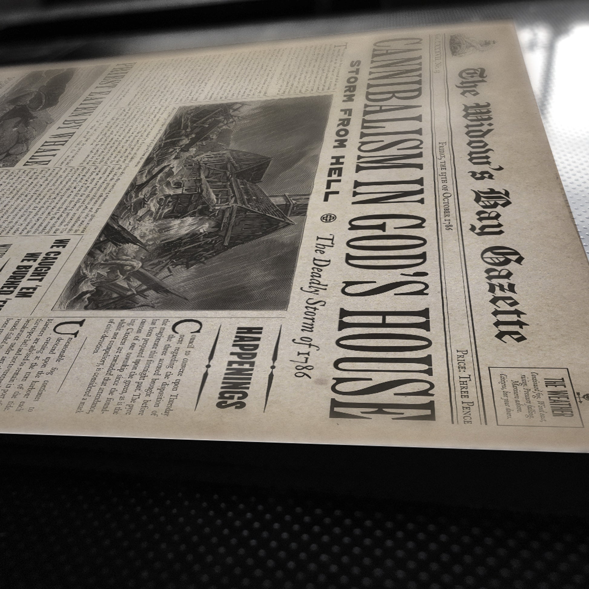 Side view of Vintage 1786 newspaper front page poster The Widow's Bay Gazette, easter eggs, inspired by Apple TV series, matte giclée wall art print