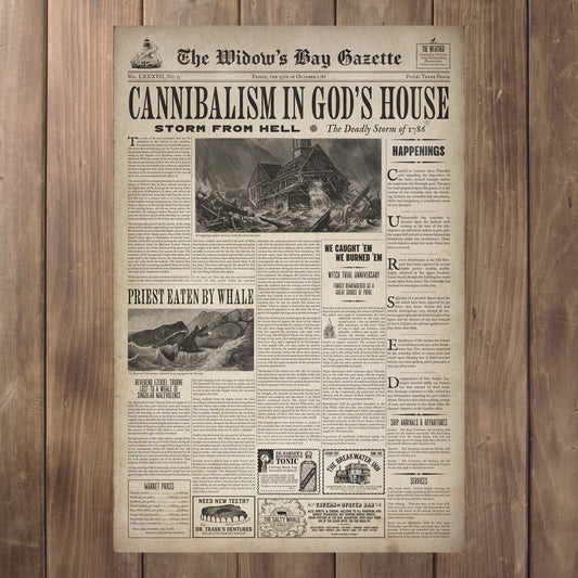 Full view of Vintage 1786 newspaper front page poster The Widow's Bay Gazette inspired by Apple TV series, matte giclée wall art print