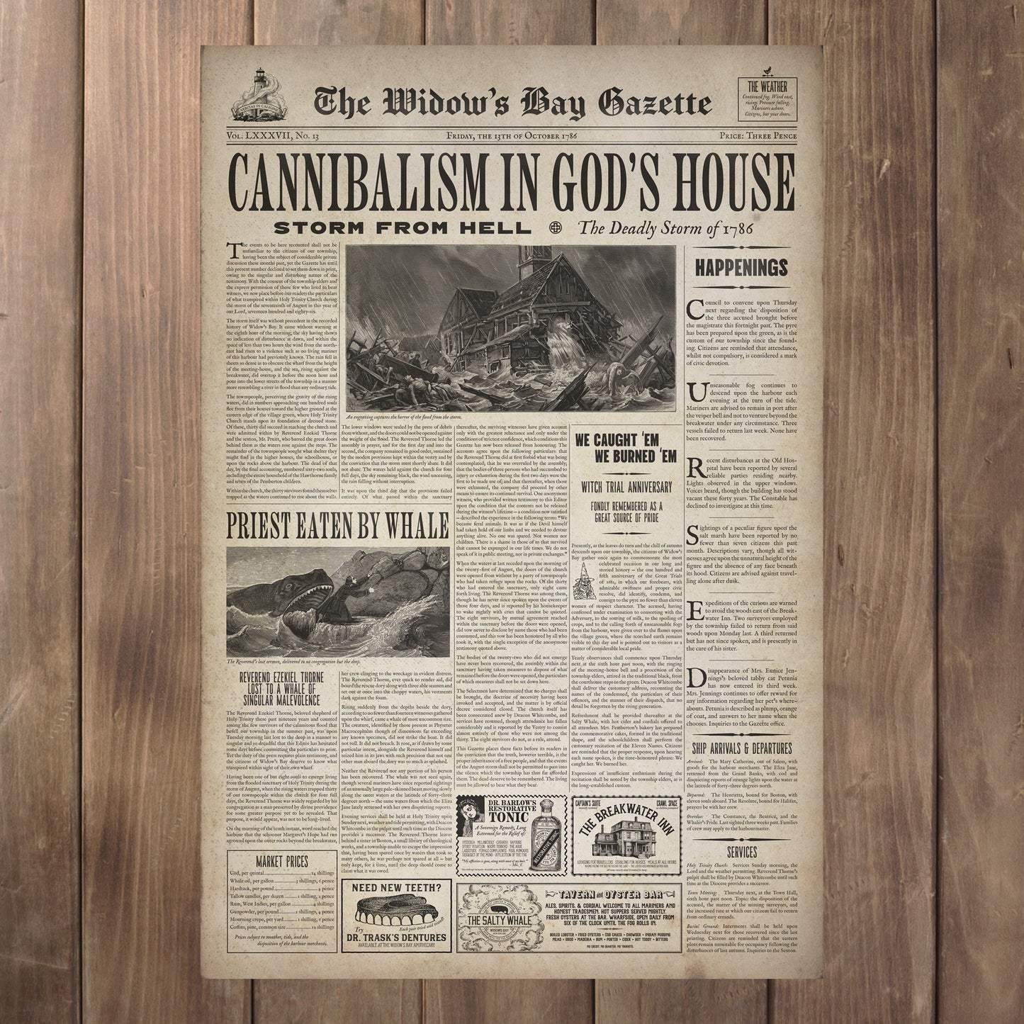 Full view of Vintage 1786 newspaper front page poster The Widow's Bay Gazette inspired by Apple TV series, matte giclée wall art print