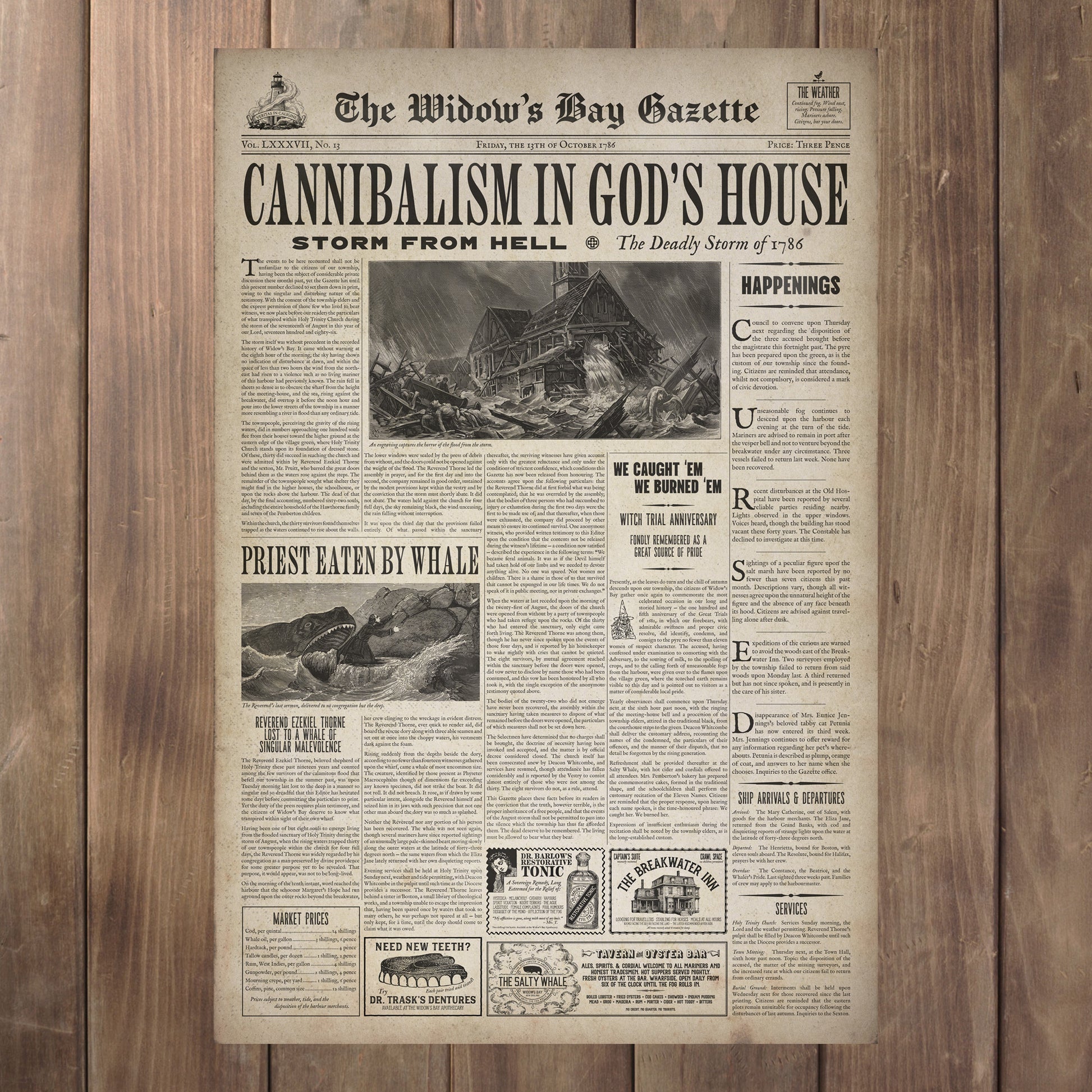 Full view of Vintage 1786 newspaper front page poster The Widow's Bay Gazette inspired by Apple TV series, matte giclée wall art print