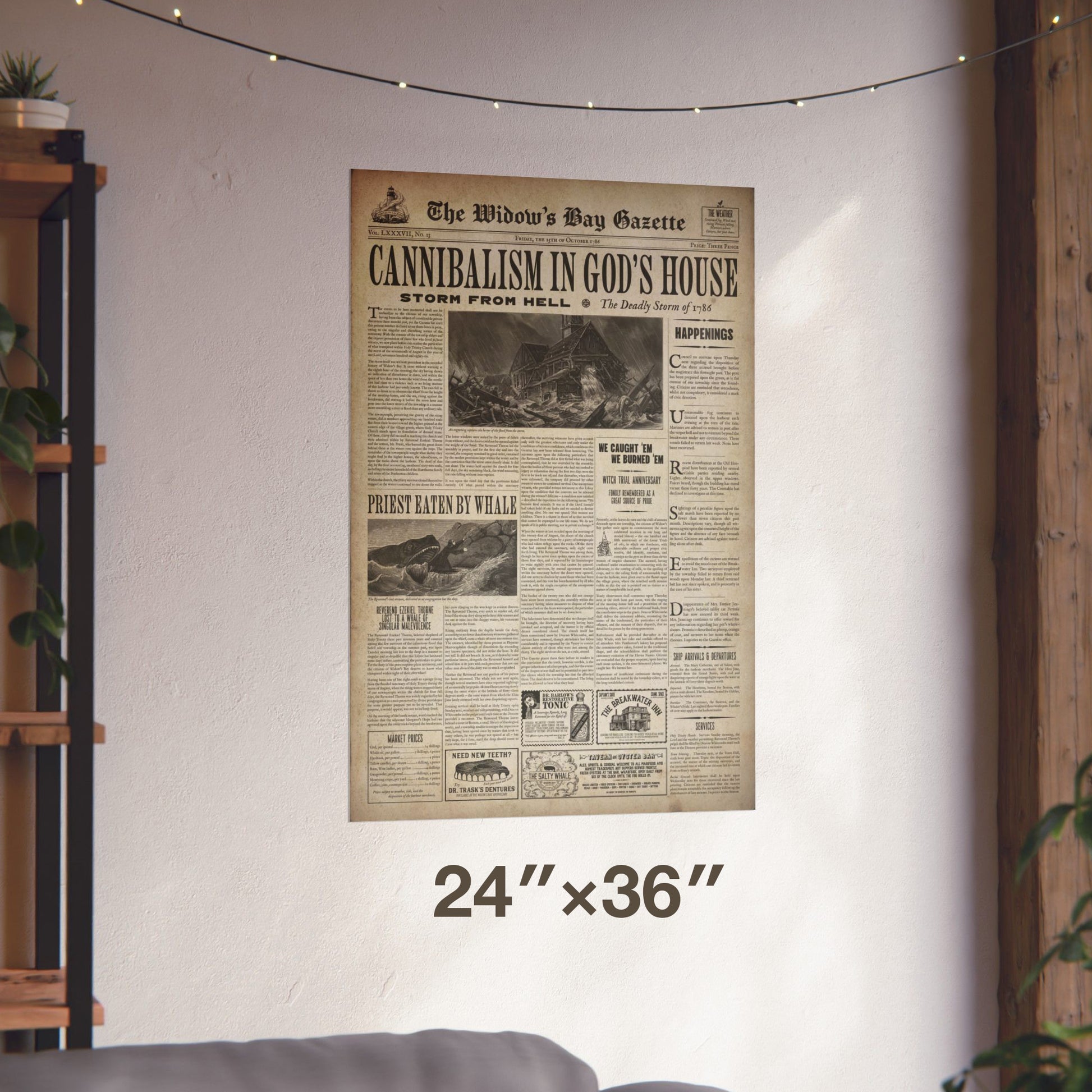 24x36 Vintage 1786 newspaper front page poster The Widow's Bay Gazette, easter eggs, inspired by Apple TV series, matte giclée wall art print