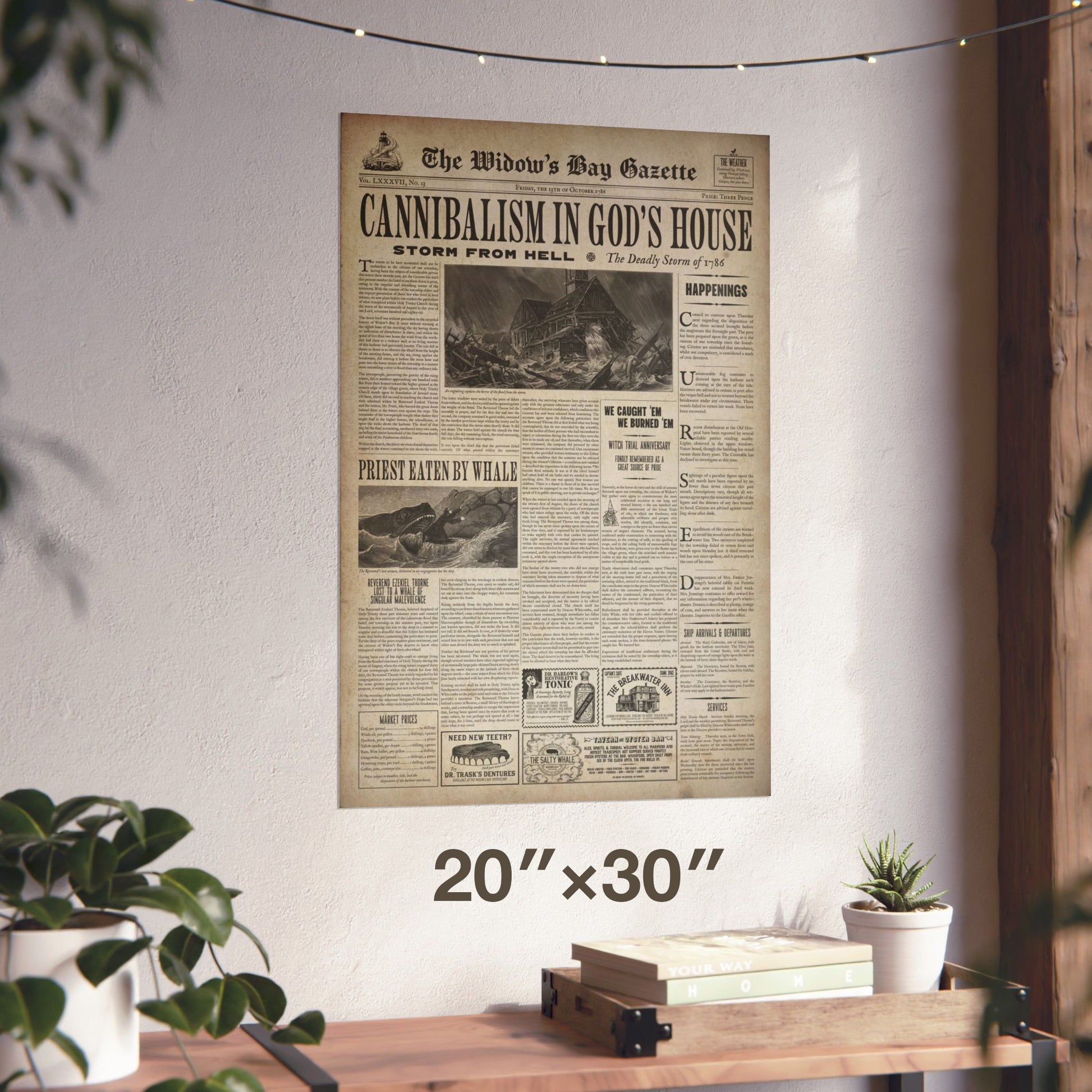 20x30 Vintage 1786 newspaper front page poster The Widow's Bay Gazette, easter eggs, inspired by Apple TV series, matte giclée wall art print