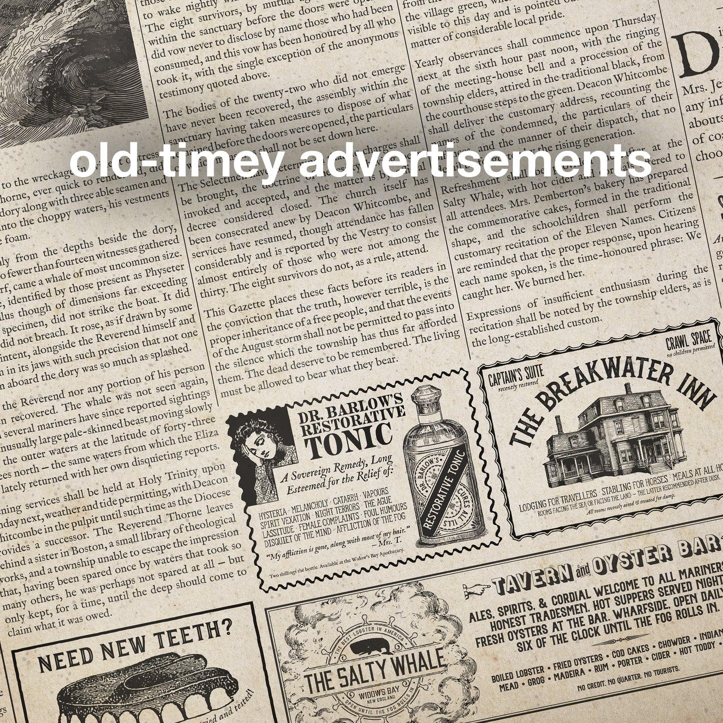 Angled Vintage 1786 newspaper front page poster The Widow's Bay Gazette, old timey ads, inspired by Apple TV series, matte giclée wall art print