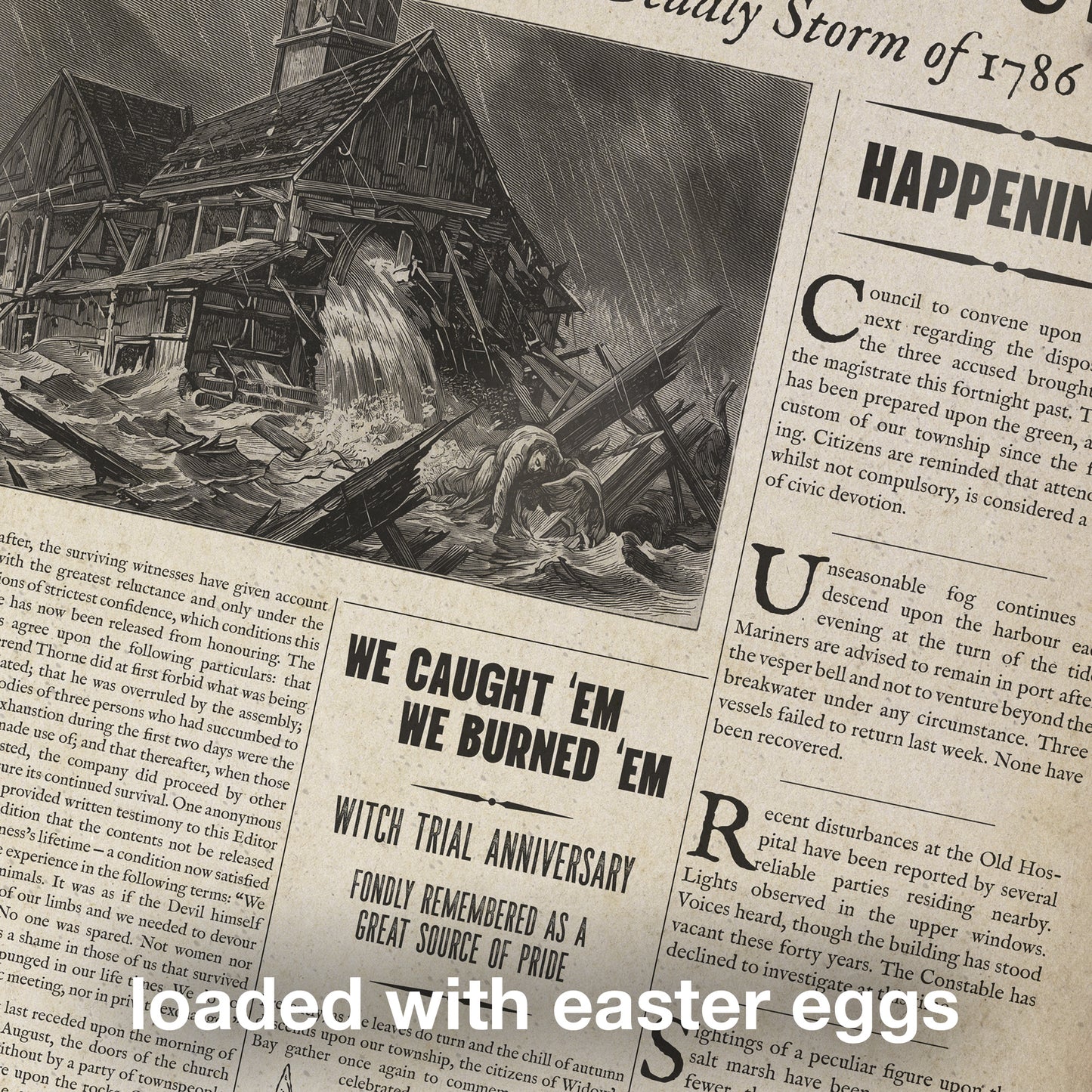 Angled Vintage 1786 newspaper front page poster The Widow's Bay Gazette, easter eggs, inspired by Apple TV series, matte giclée wall art print
