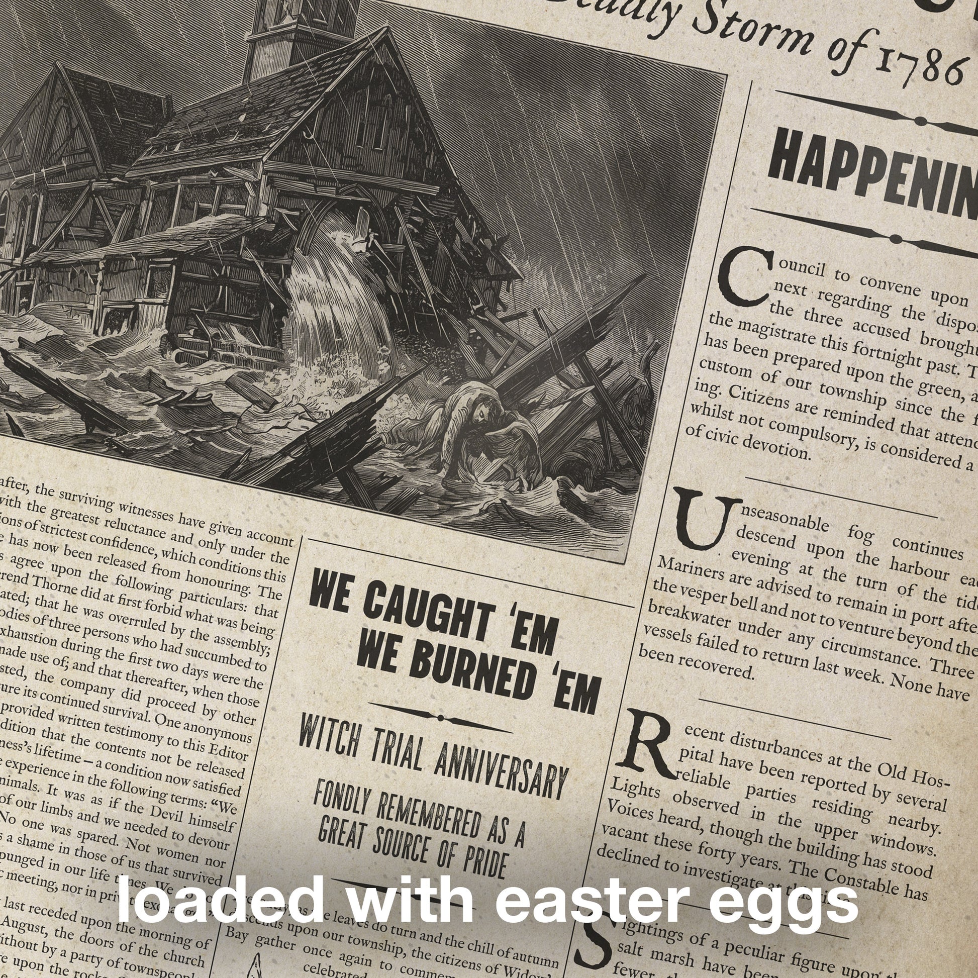 Angled Vintage 1786 newspaper front page poster The Widow's Bay Gazette, easter eggs, inspired by Apple TV series, matte giclée wall art print