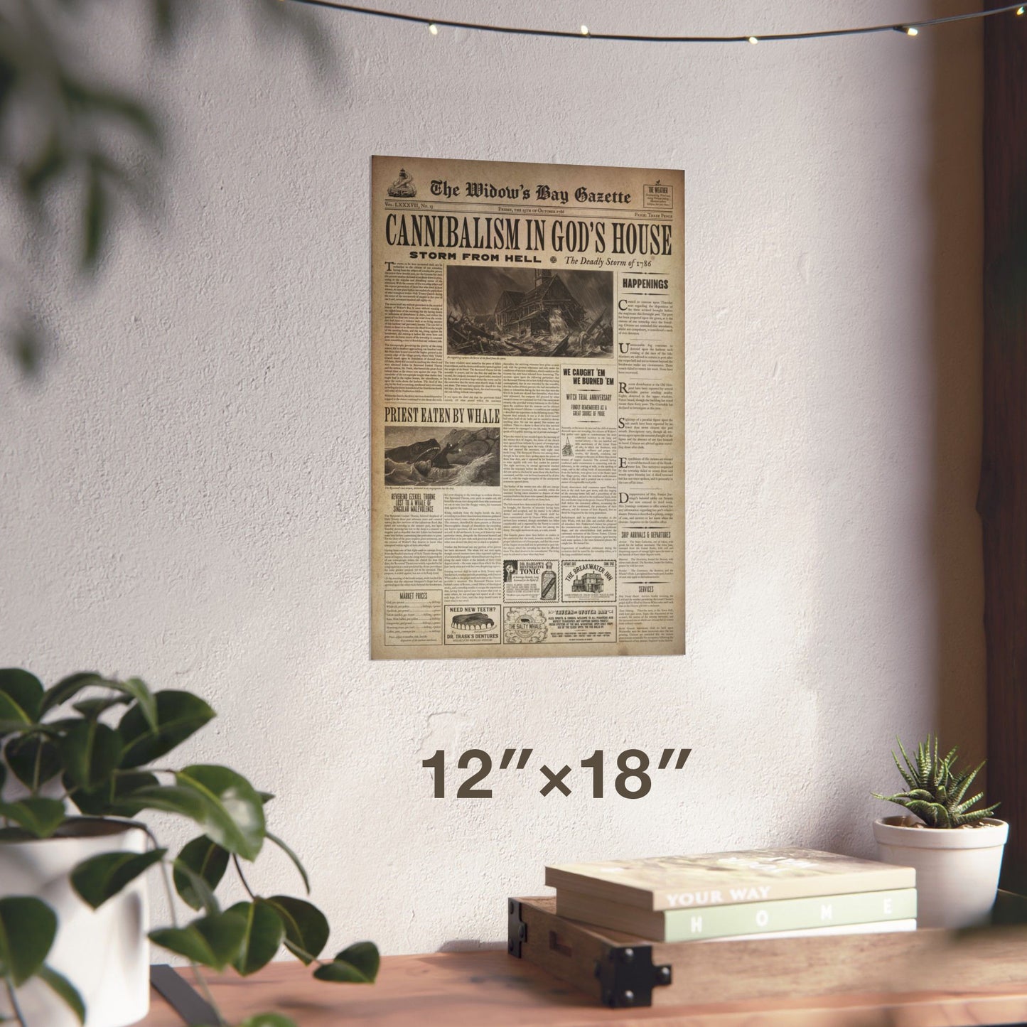 12x18 Vintage 1786 newspaper front page poster The Widow's Bay Gazette, easter eggs, inspired by Apple TV series, matte giclée wall art print