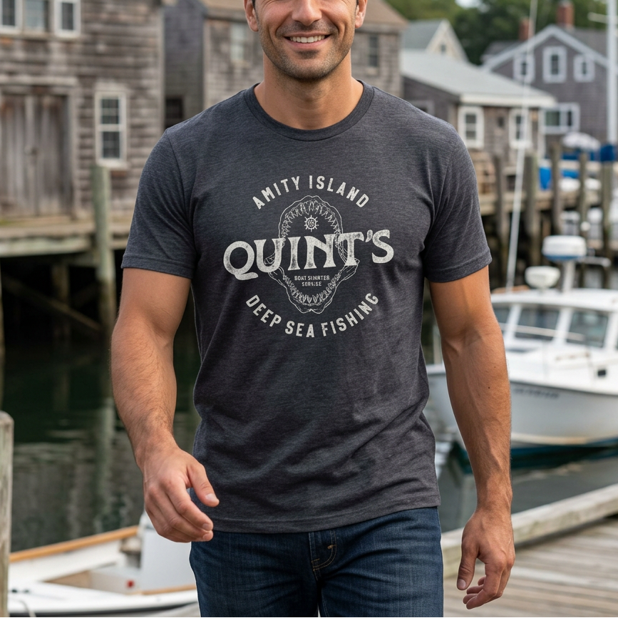Person wearing Heather navy blue t-shirt featuring the Quint's Deep Sea Fishing Boat Charters logo graphic inspired by the movie Jaws in a vintage distressed style.