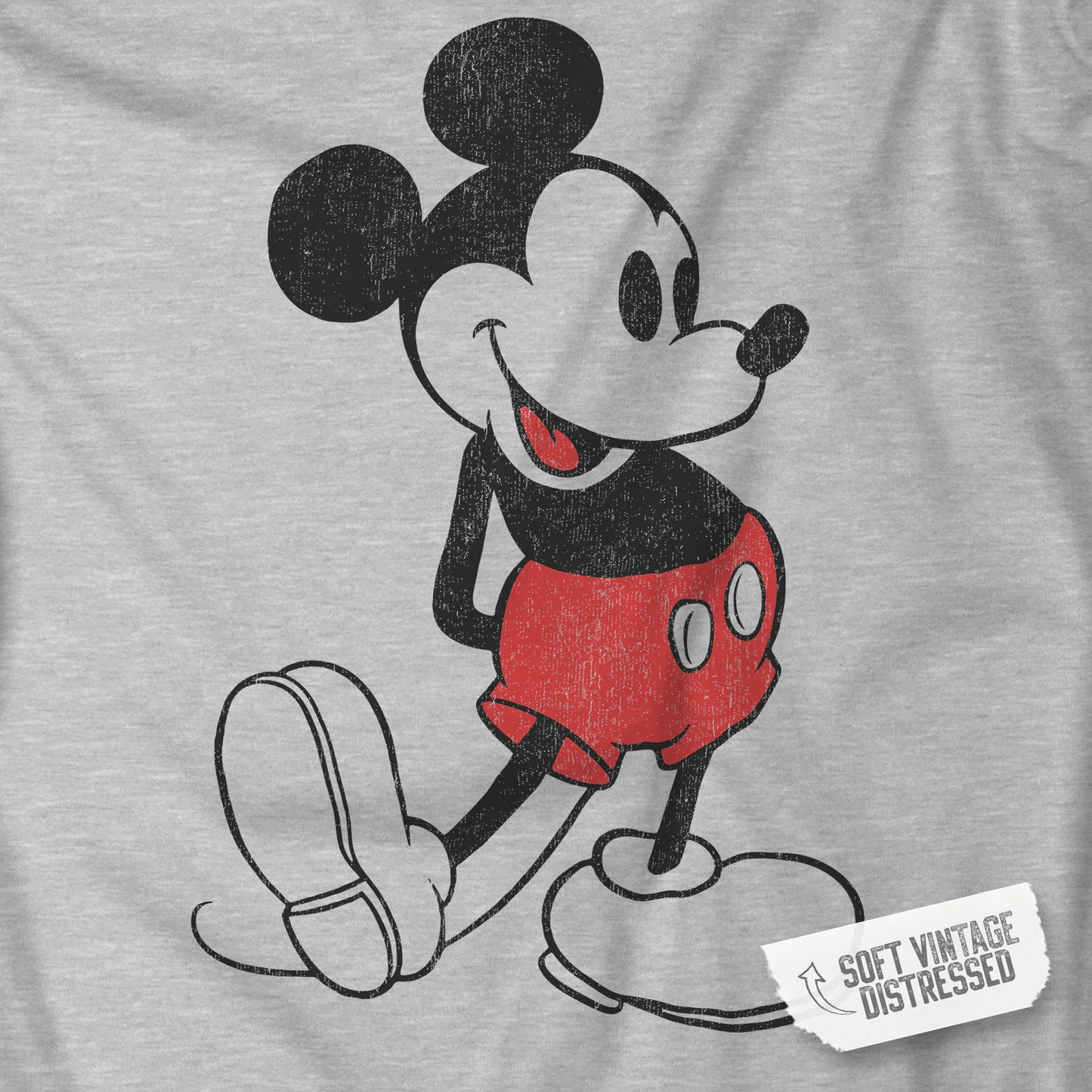 Closeup of Heather gray and black ringer tee with distressed Mickey Mouse graphic, Outsiders Two-Bit inspired, sleeves can be cut off