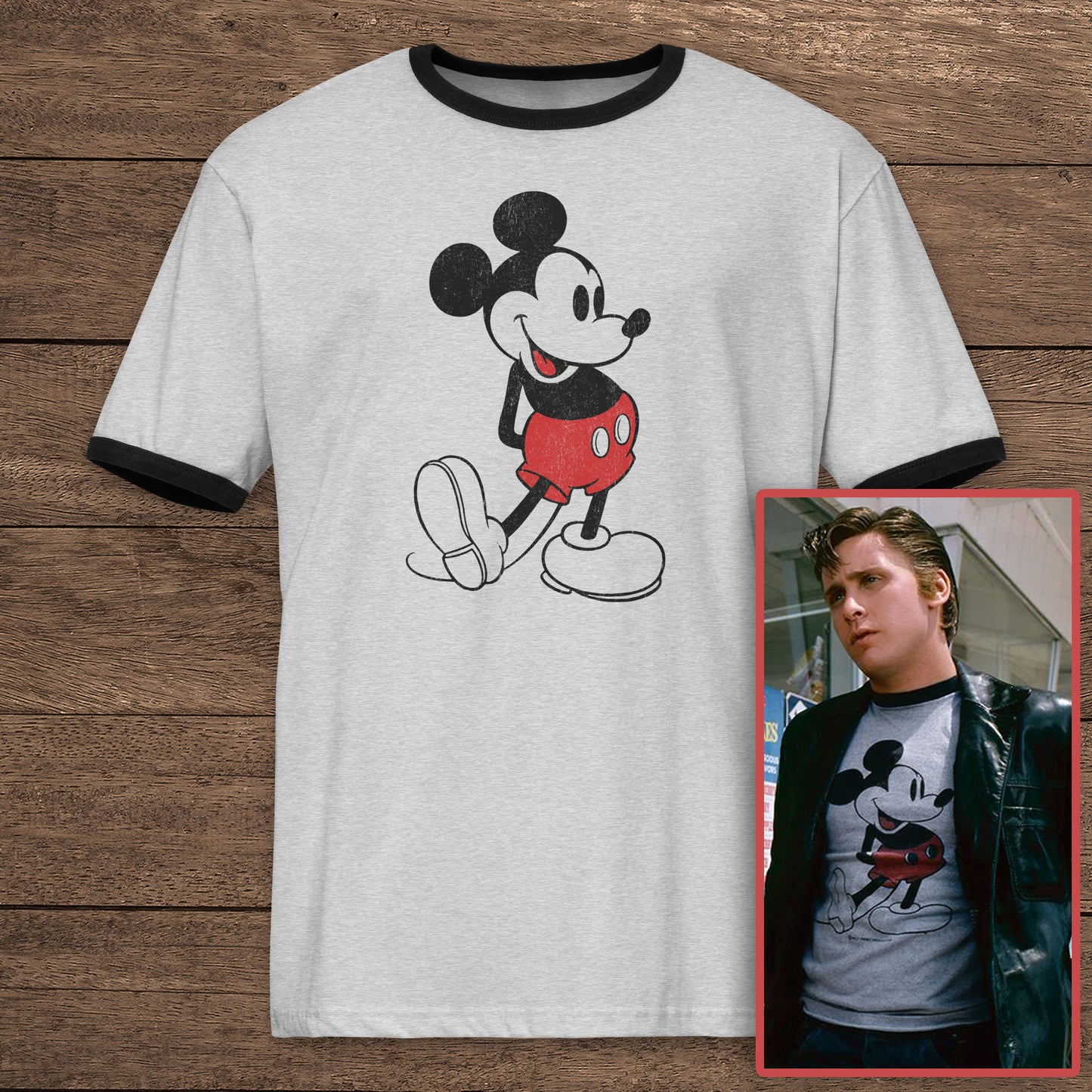 The Outsiders movie inspired Heather gray and black ringer tee with distressed Mickey Mouse graphic, Two-Bit, sleeves can be cut off