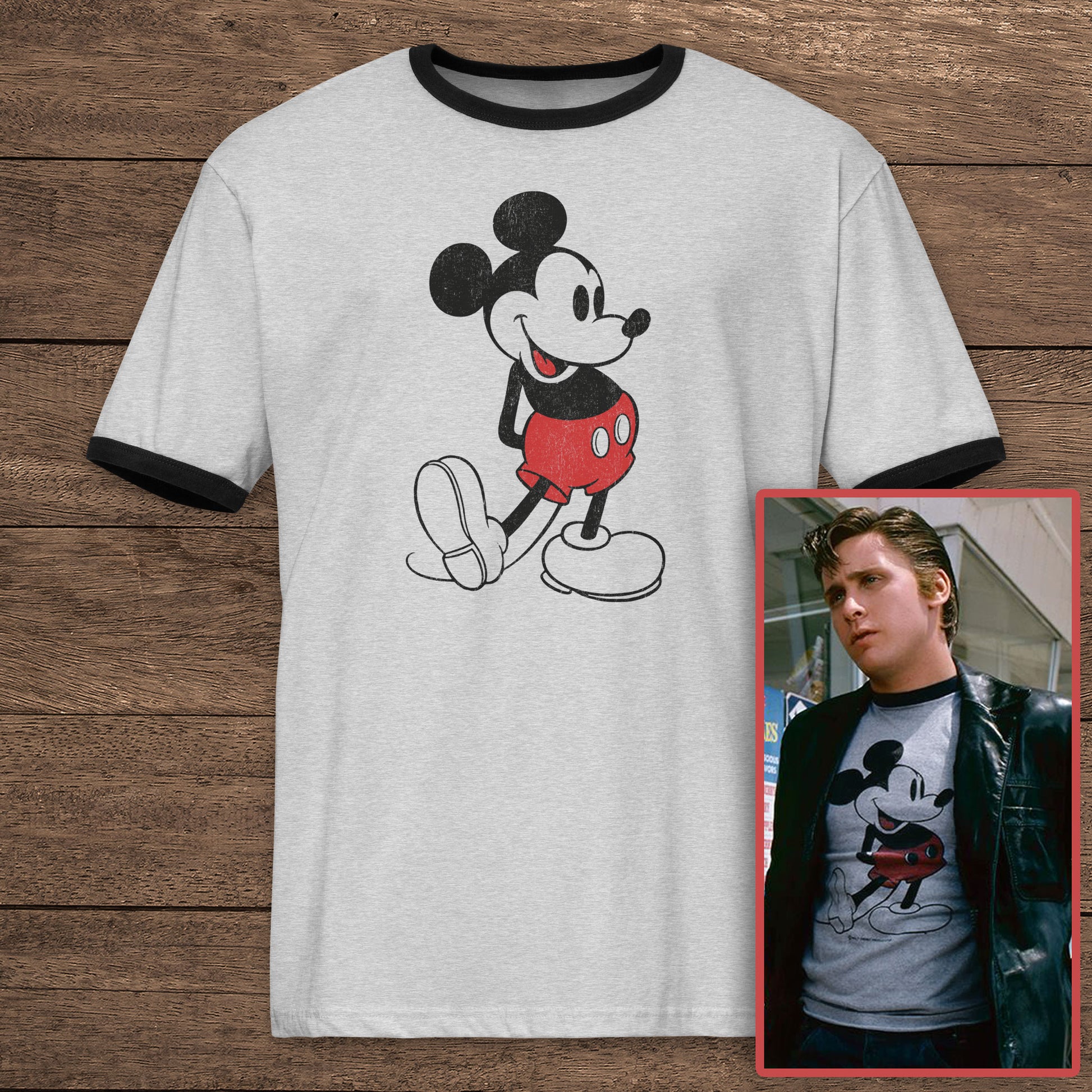 The Outsiders movie inspired Heather gray and black ringer tee with distressed Mickey Mouse graphic, Two-Bit, sleeves can be cut off